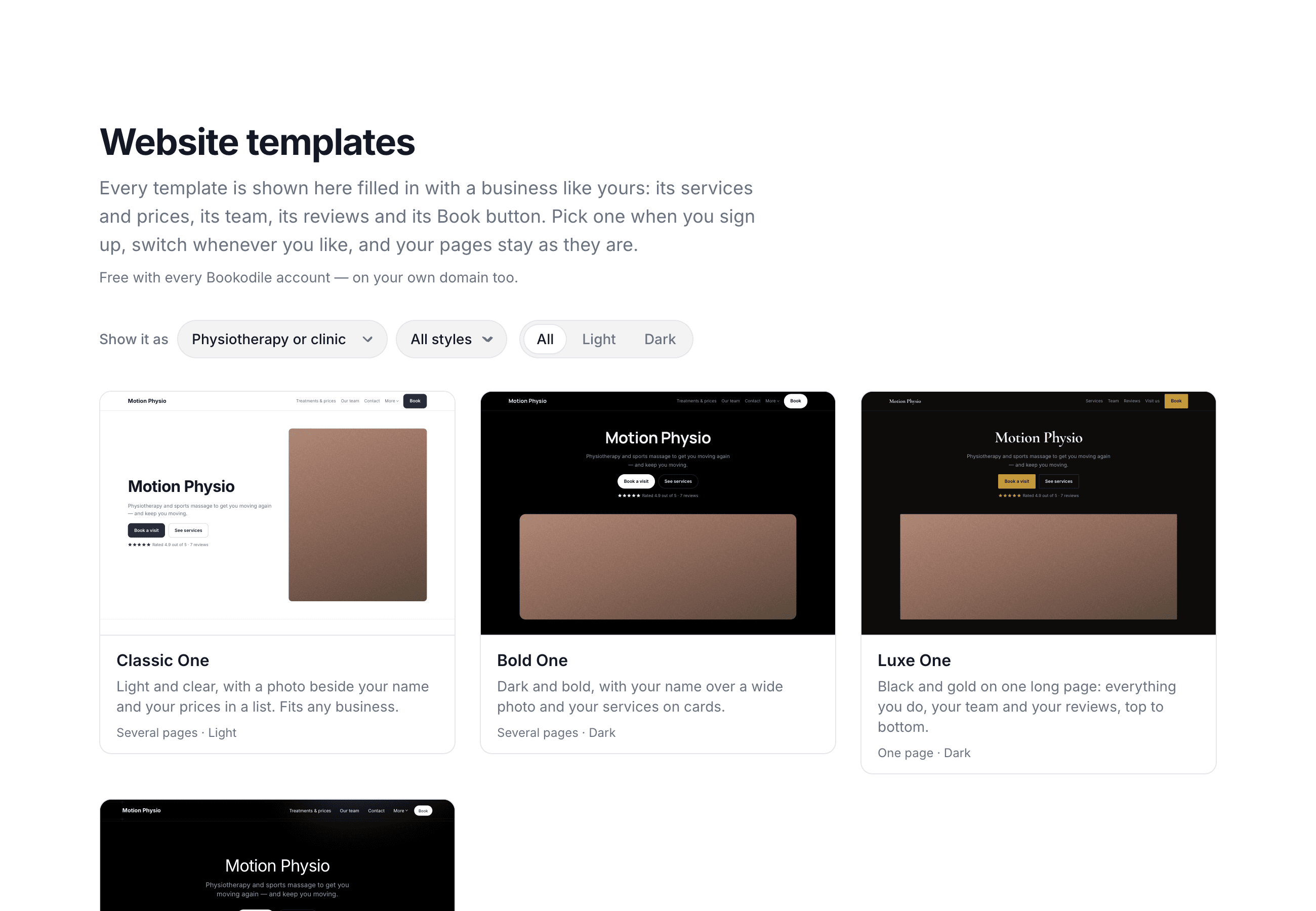 The website templates, each one drawn as a sample physiotherapy practice with its name, treatments and Book button