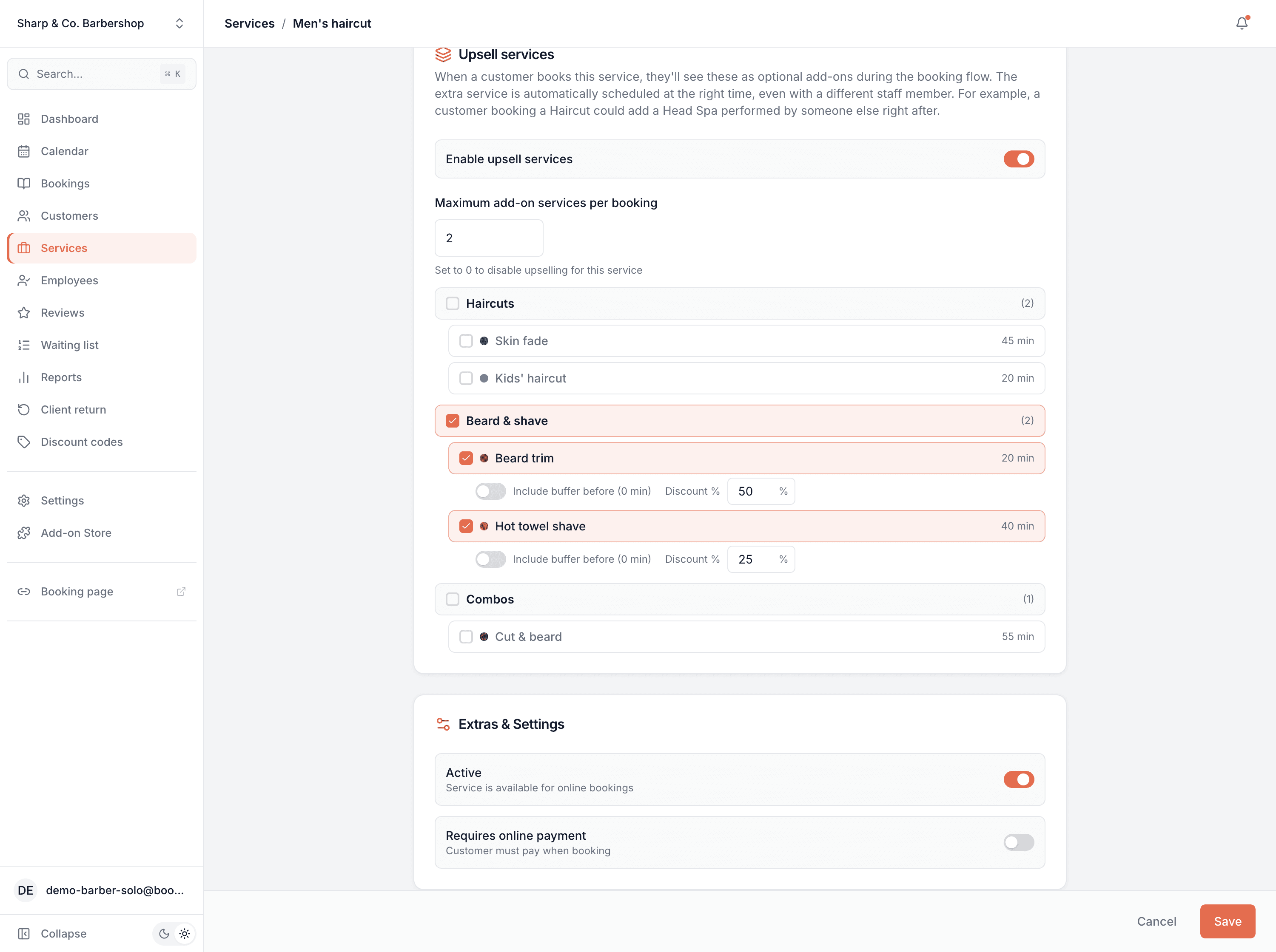Service edit form with two add-ons selected and a discount percentage set on each