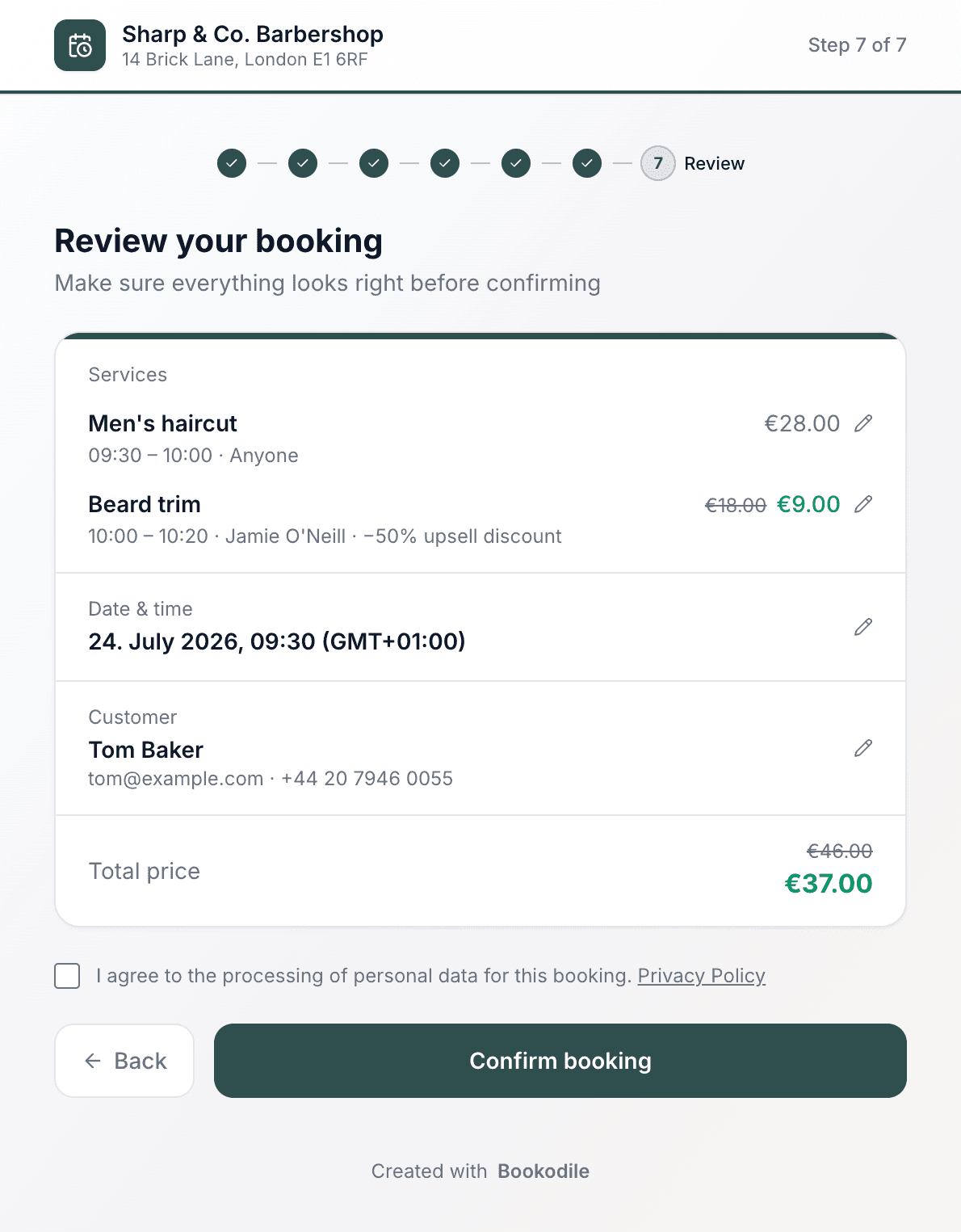 Booking review step showing the discounted add-on line item and the reduced total