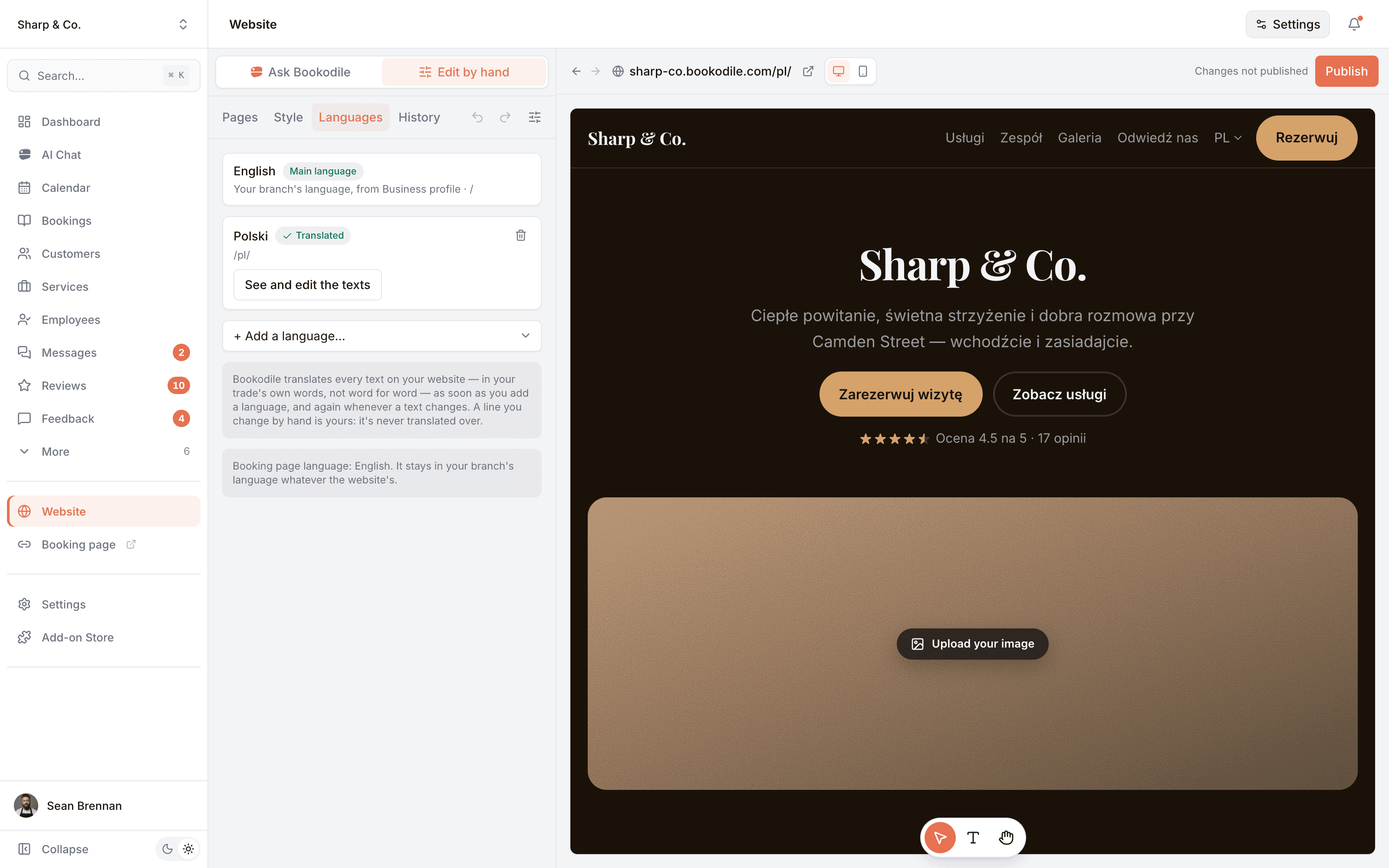 Languages: English as the main language and Polish added and translated, with the preview showing the home page in Polish