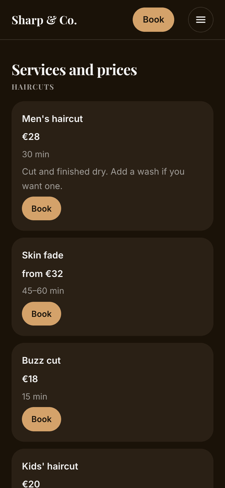 Services and prices on a phone, each with its own Book button