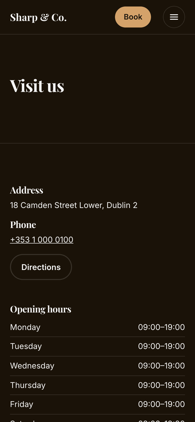 The Visit us page on a phone: address, phone, directions and opening hours