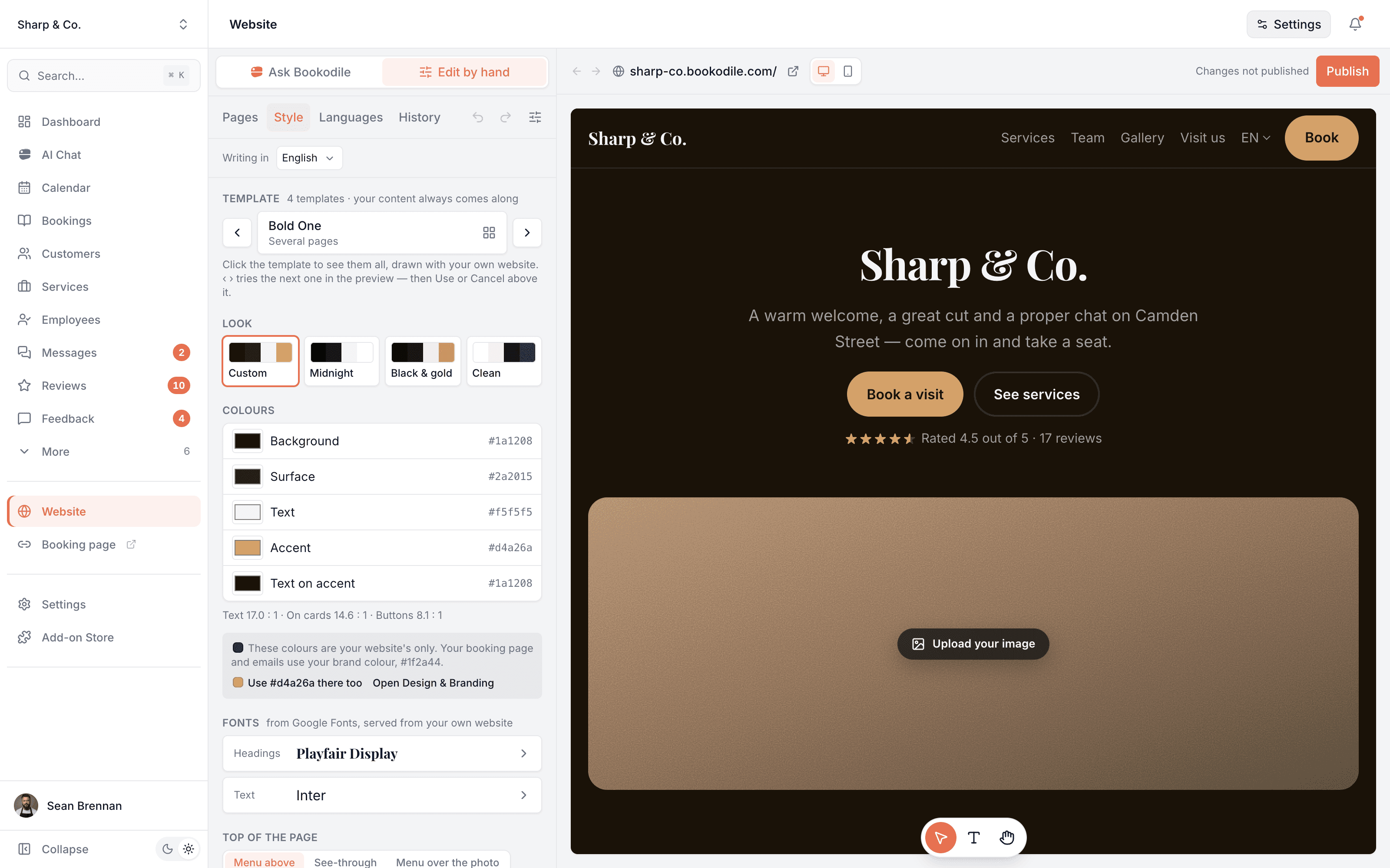 Style: the template, a custom look beside three ready-made ones, the five colours with a readability check, and the heading and text fonts