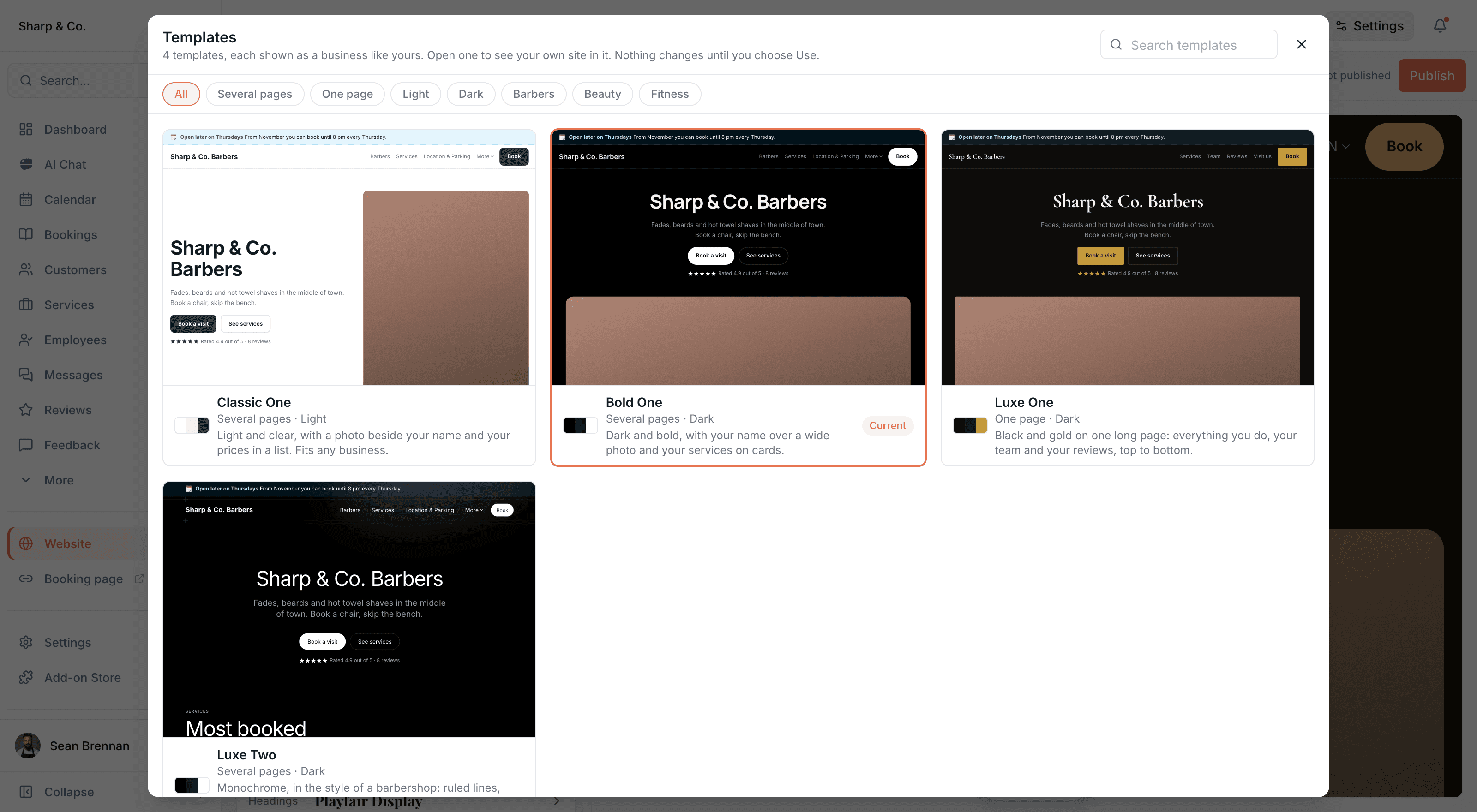 The website templates, each one already filled in with a sample business's name, services and Book button