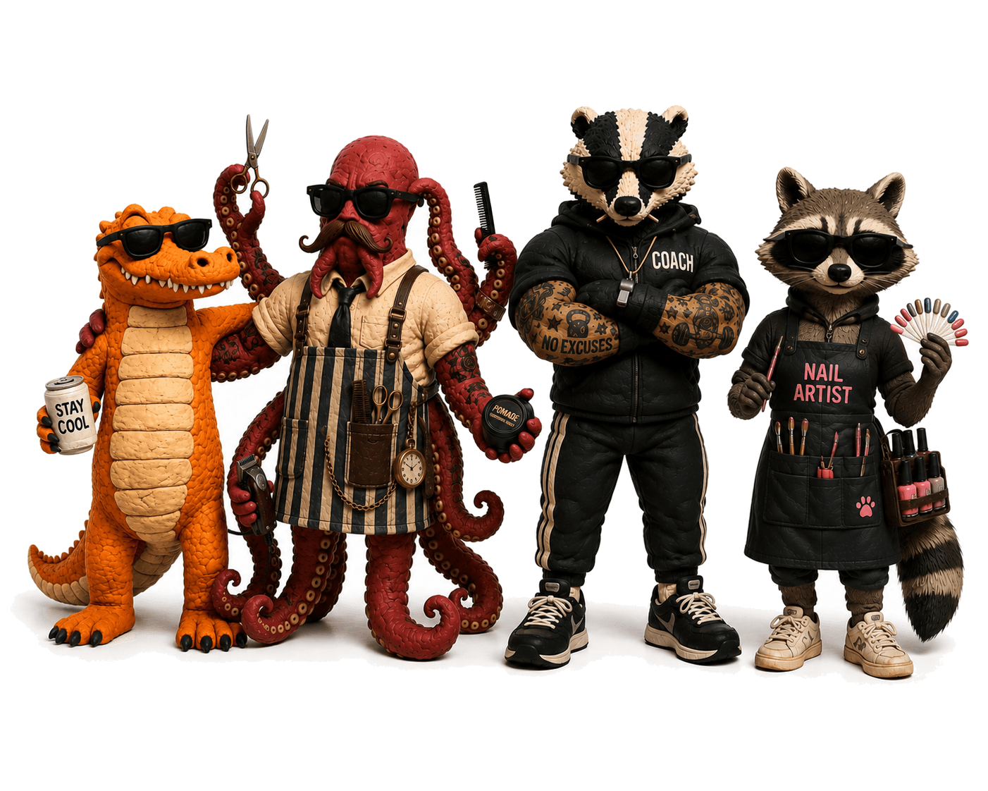 Four Bookodile mascots: a crocodile, a barber, a fitness coach and a nail artist