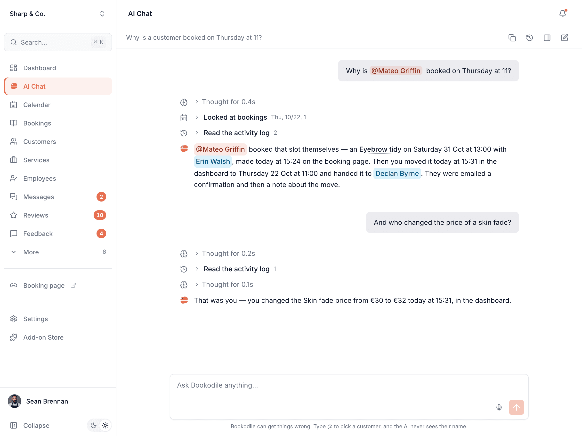 AI Chat answering why a customer is booked on Thursday at 11 — booked online for Saturday, then moved by the owner, with an email each time — and who changed the price of a skin fade