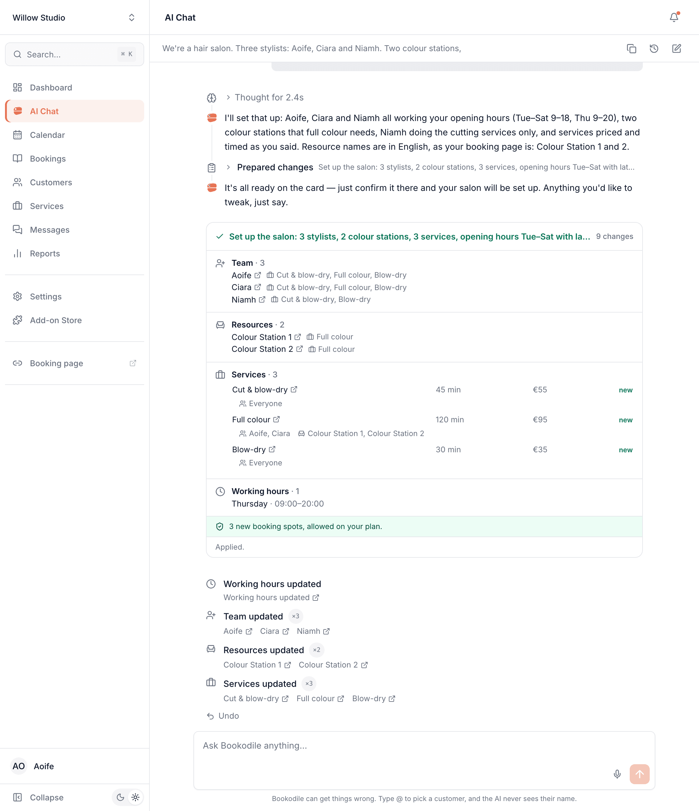 The salon's setup, applied: each team member, colour station and service links to its page, under a list of what changed and an Undo button