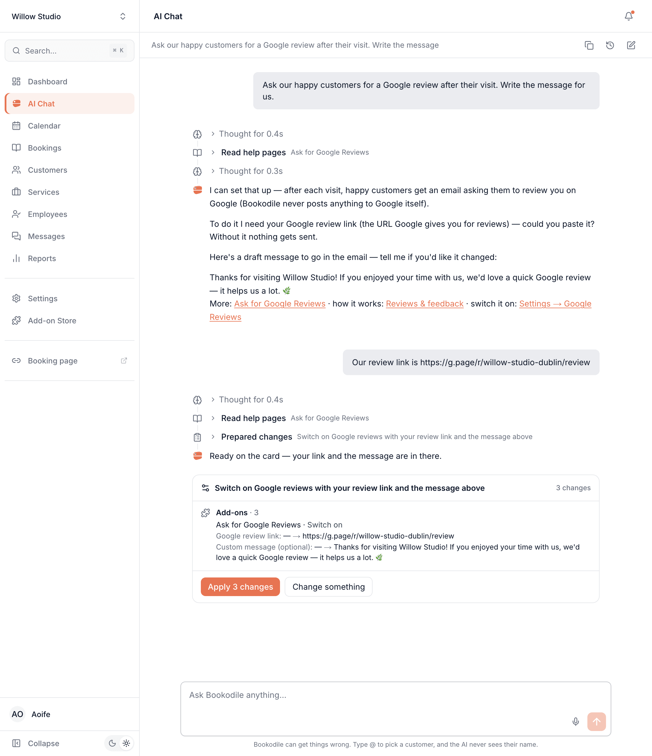 AI Chat drafting a Google review request message, asking for the salon's review link, then showing the change that switches on Google review requests with the link and the message