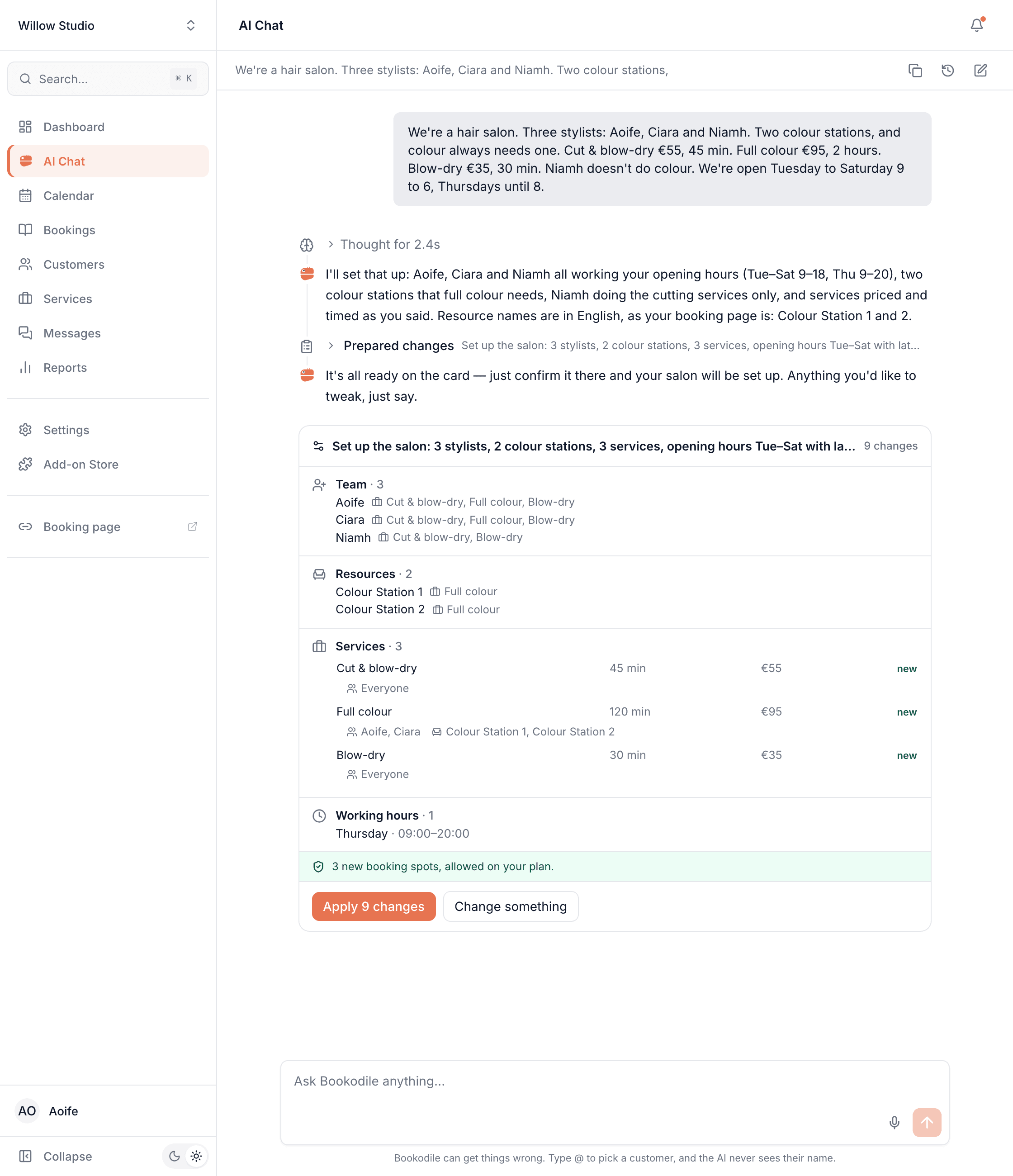 AI Chat: a salon described in one message β three stylists, two colour stations, three services and opening hours β turned into one list of nine changes, ready to apply
