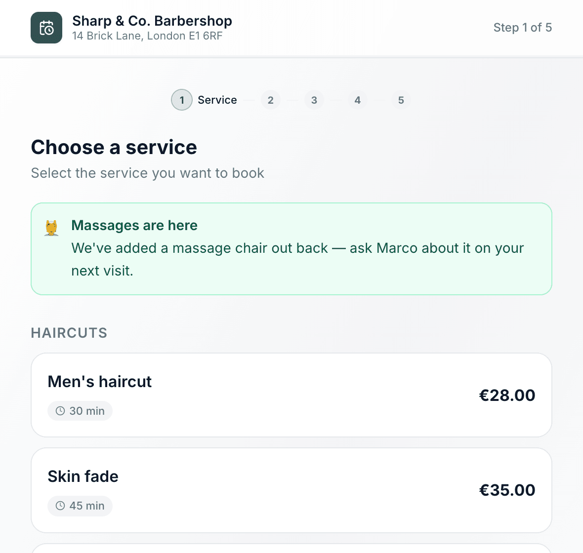 Public booking page showing a green announcement banner above the list of services
