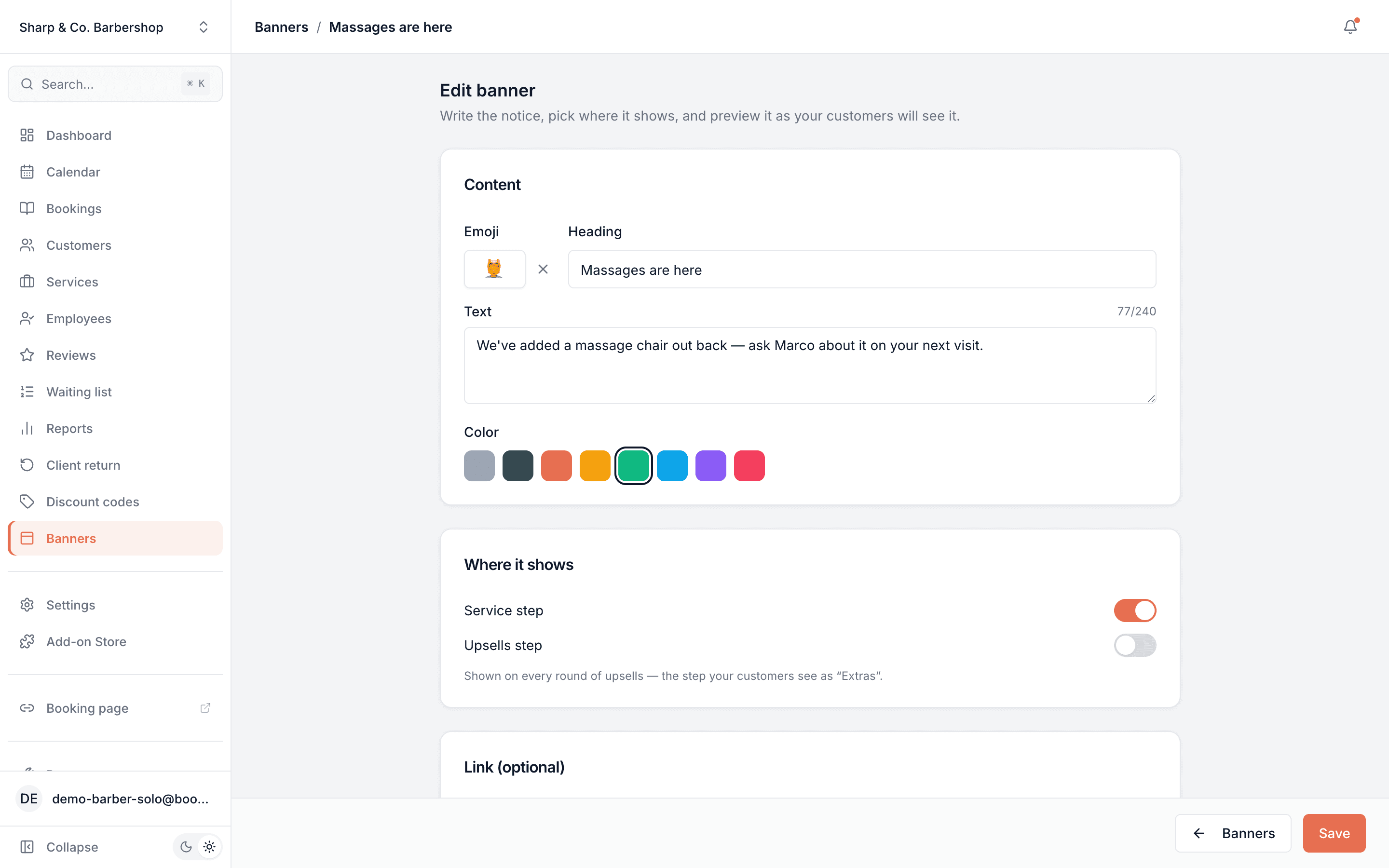 Banner editor showing emoji and heading fields, the announcement text with a character count, and a row of colour swatches