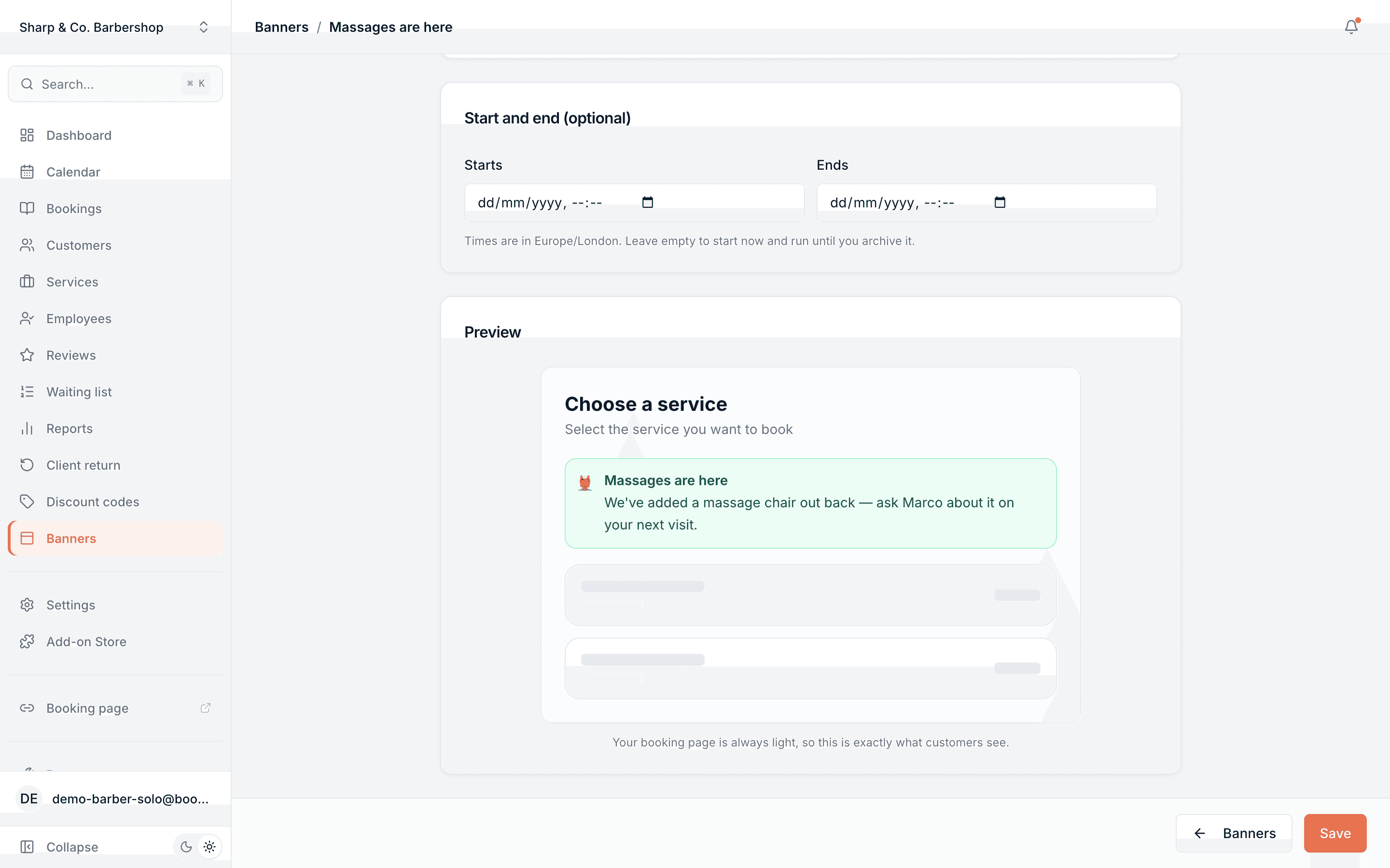 Lower half of the banner editor showing optional start and end times above a preview of the banner sitting on the booking page