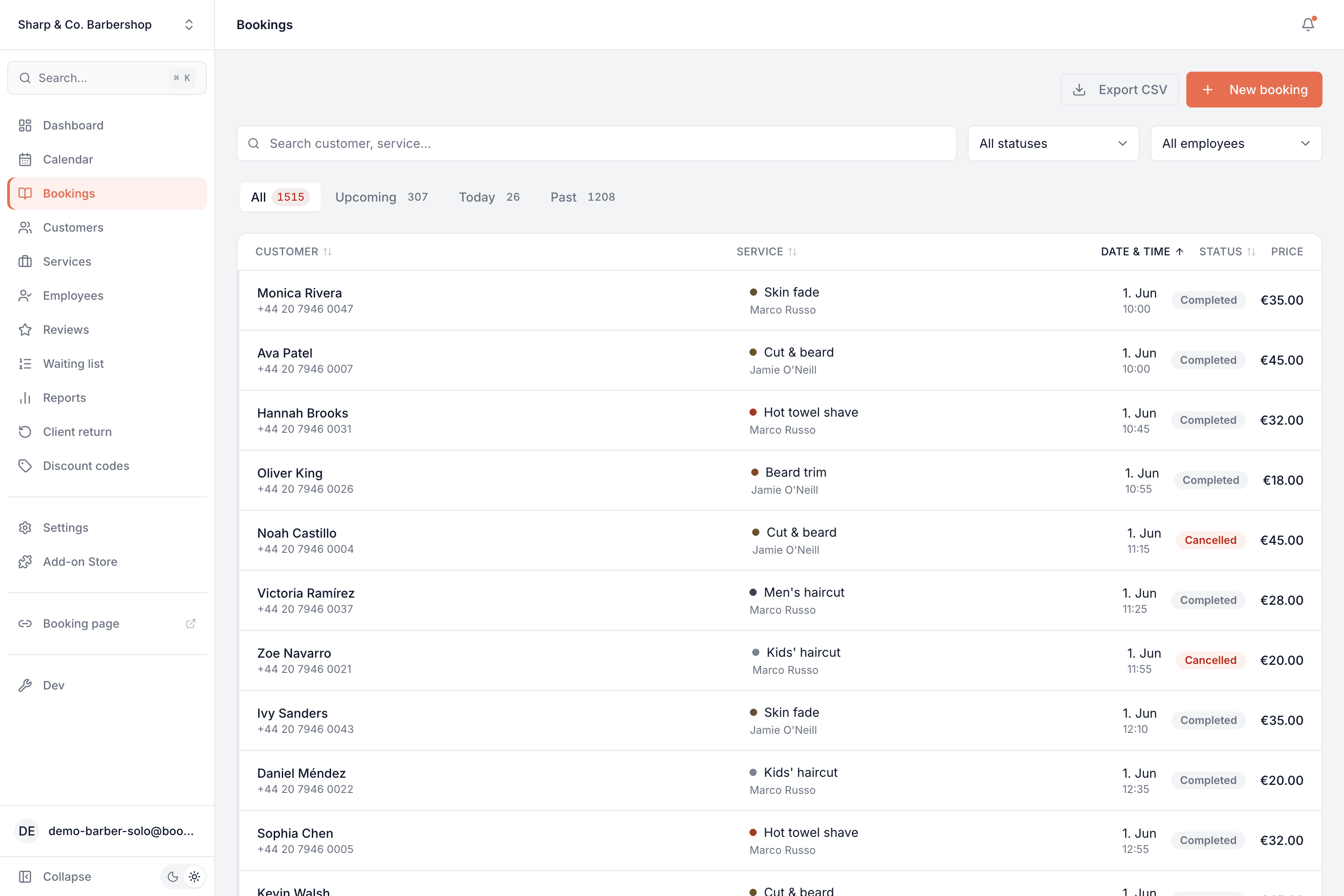 Bookings list with search, status and staff filters, tabs for all/upcoming/today/past, and columns for customer, service, time, status and price