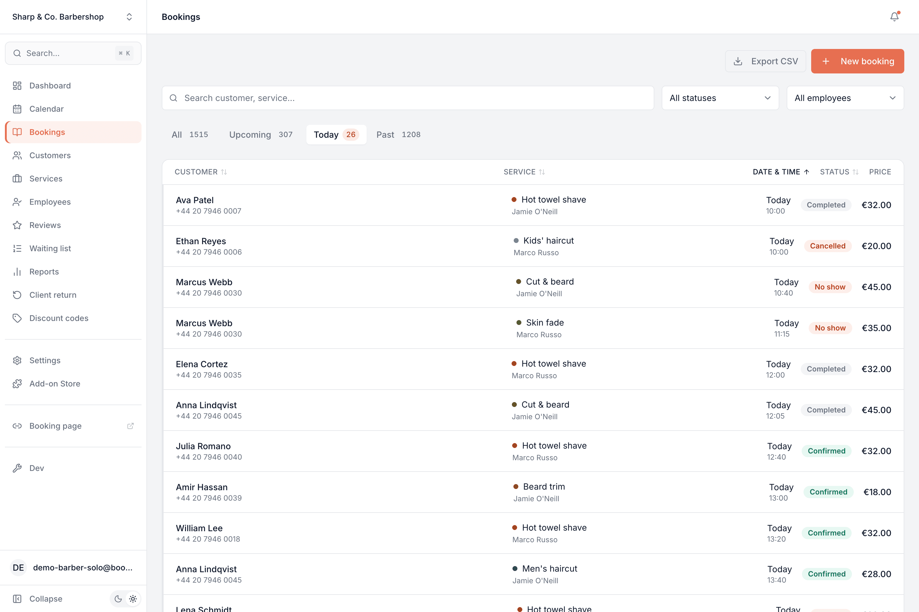Bookings list filtered to today's appointments