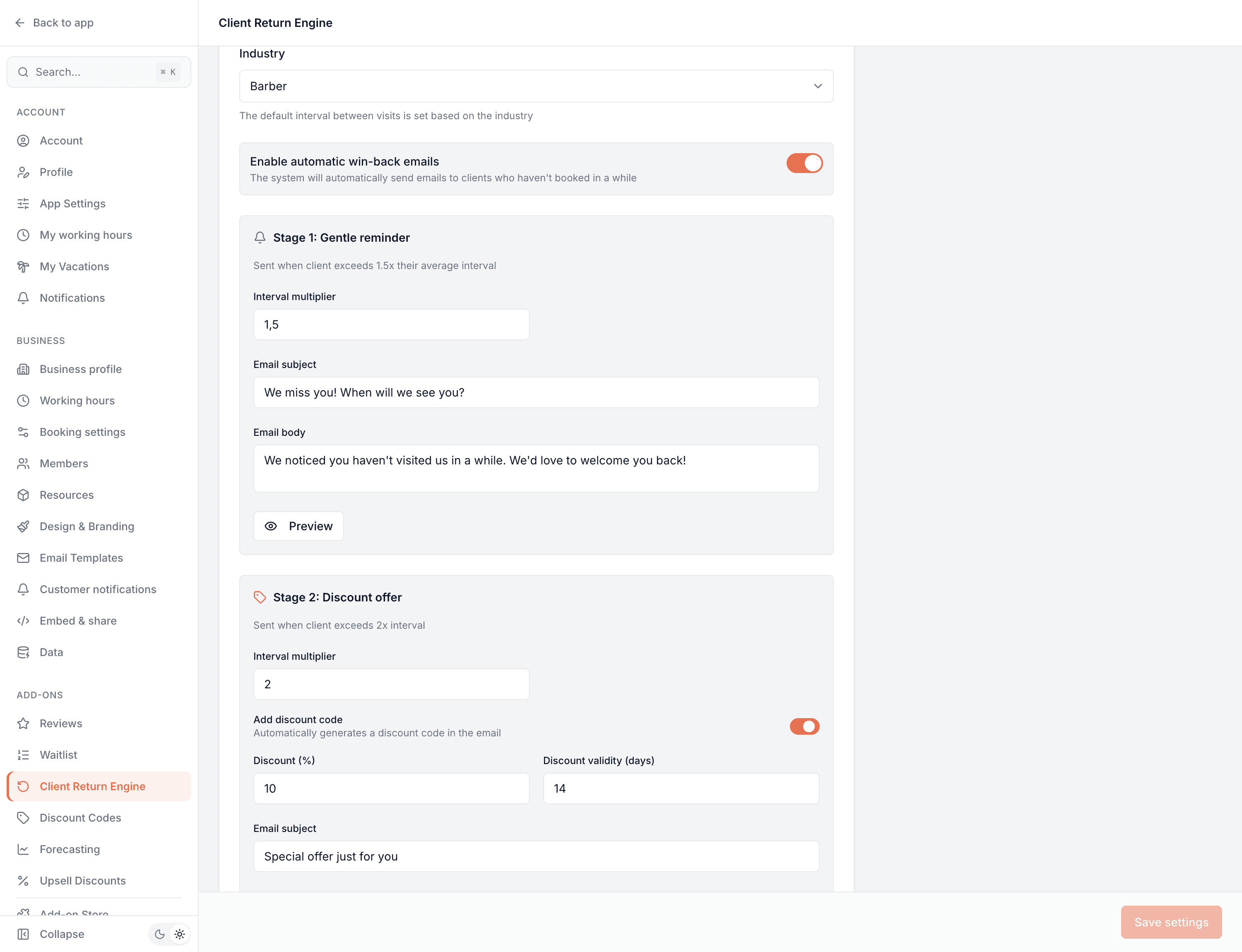 Client return settings showing the industry, the enable switch and the escalating stage configuration