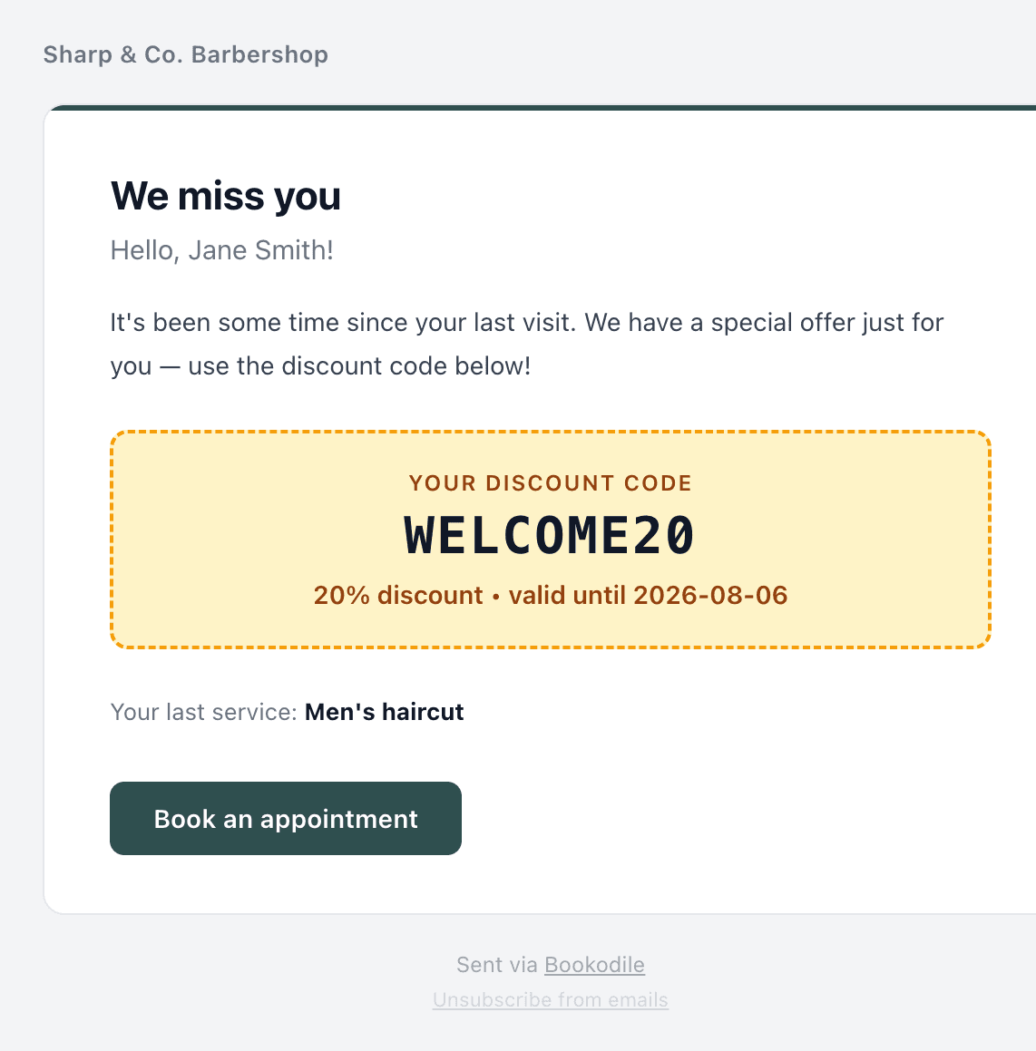 Win-back email with a personal discount code and a book-again button