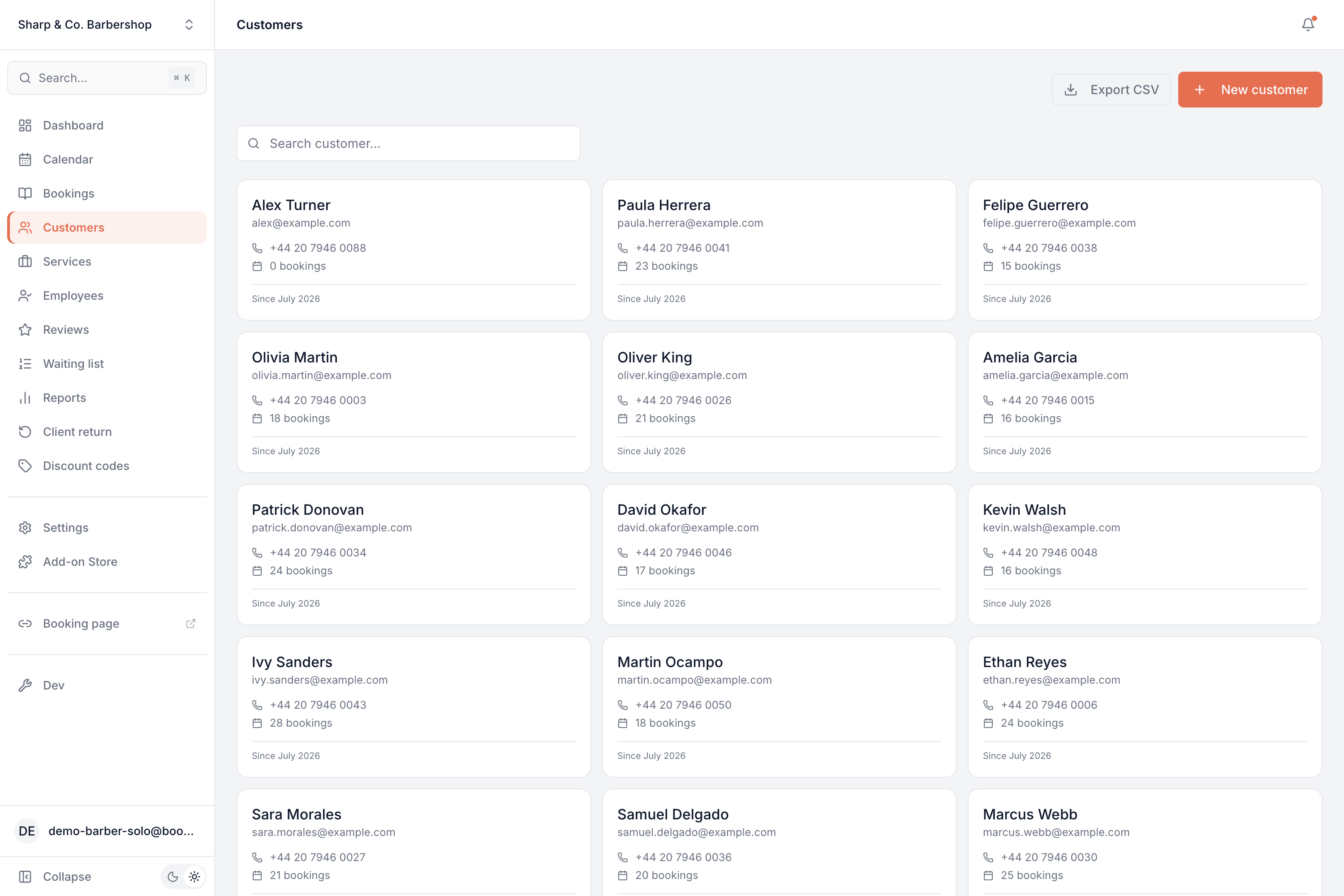Customers list as searchable cards, each with contact details and a booking count
