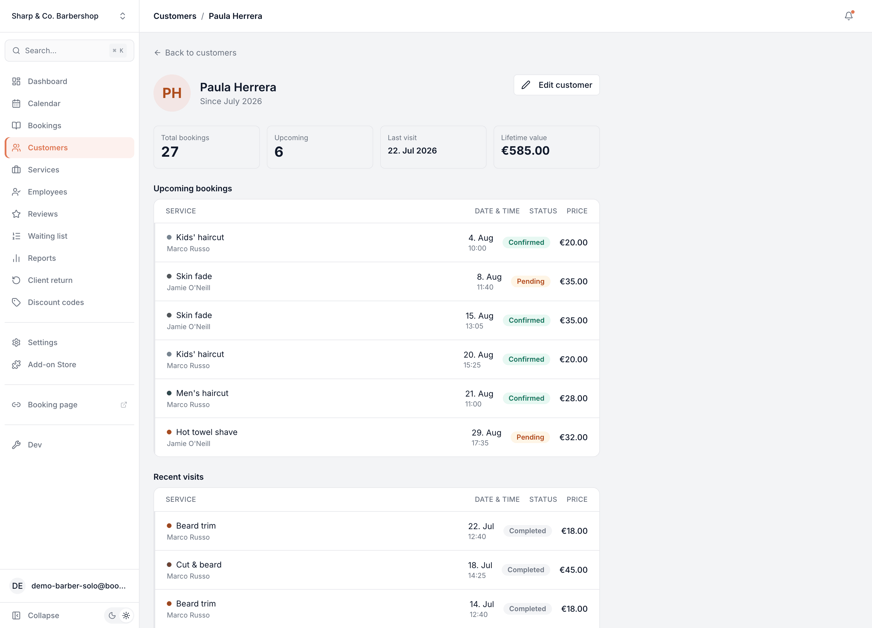Customer profile with total bookings, lifetime value, upcoming bookings and recent visit history