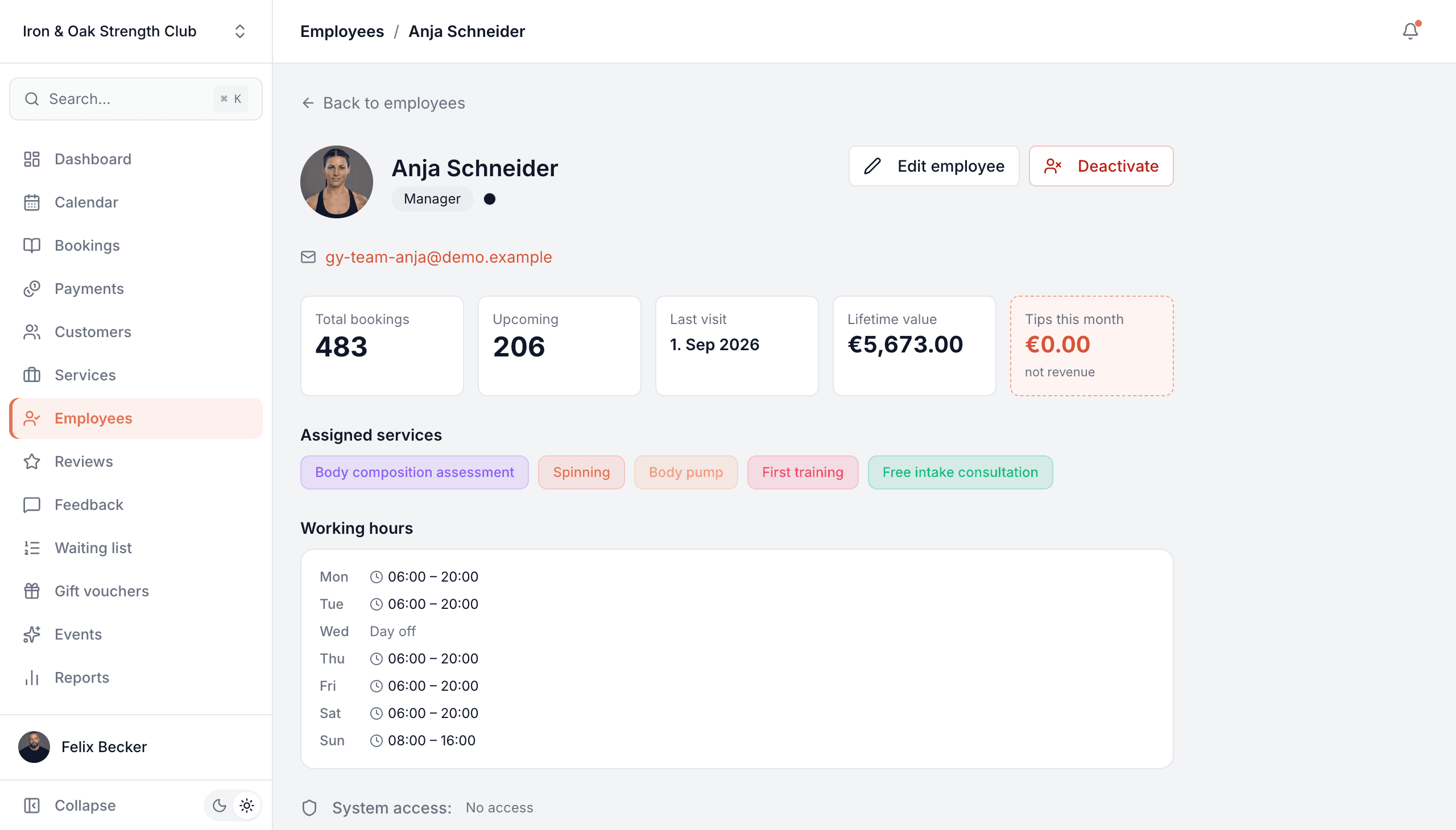 Employee profile with total bookings, upcoming count, lifetime value, tips this month, assigned services, weekly working hours and system access