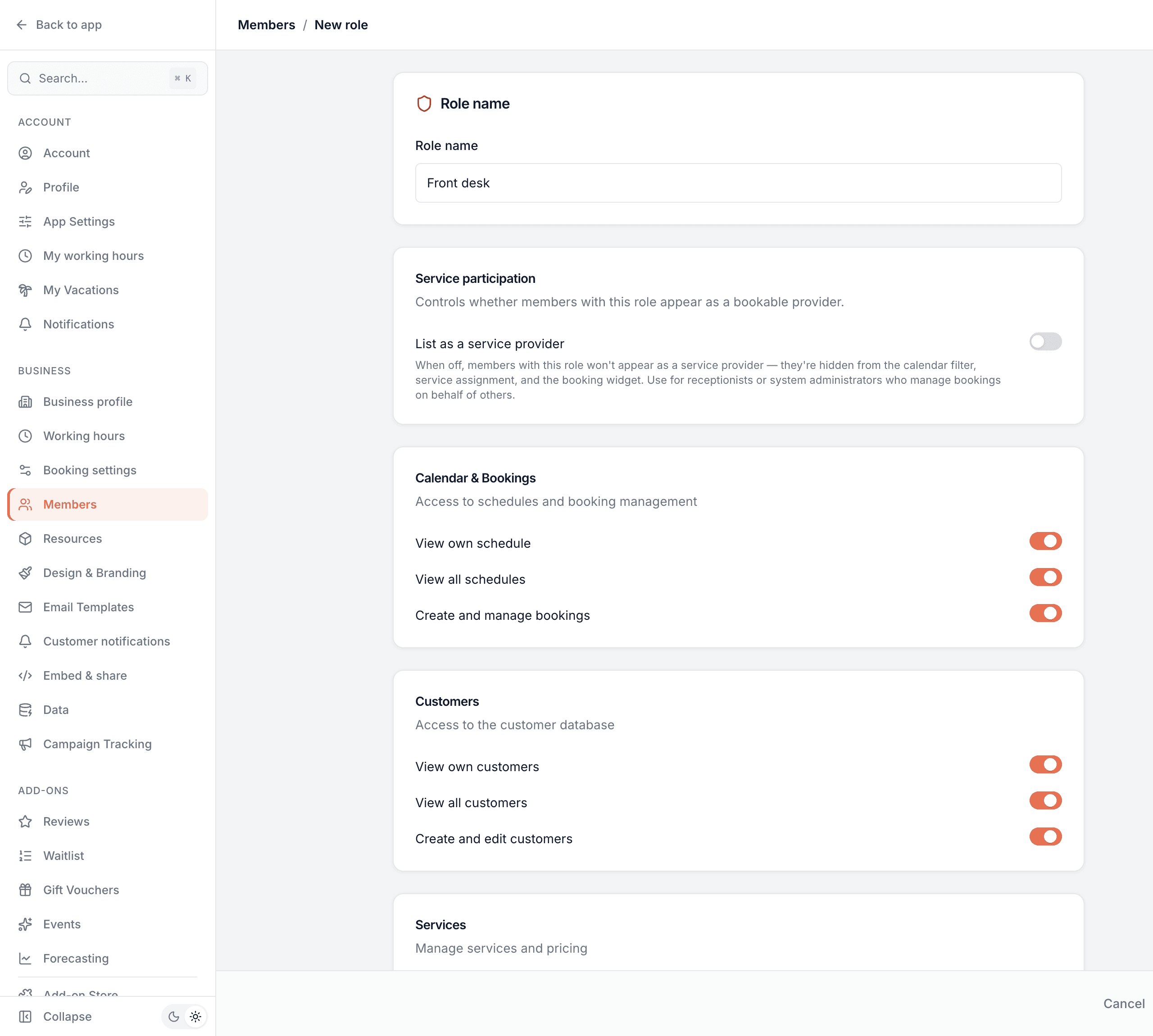 Access role editor with granular permission toggles for service participation, calendar and bookings, and customers