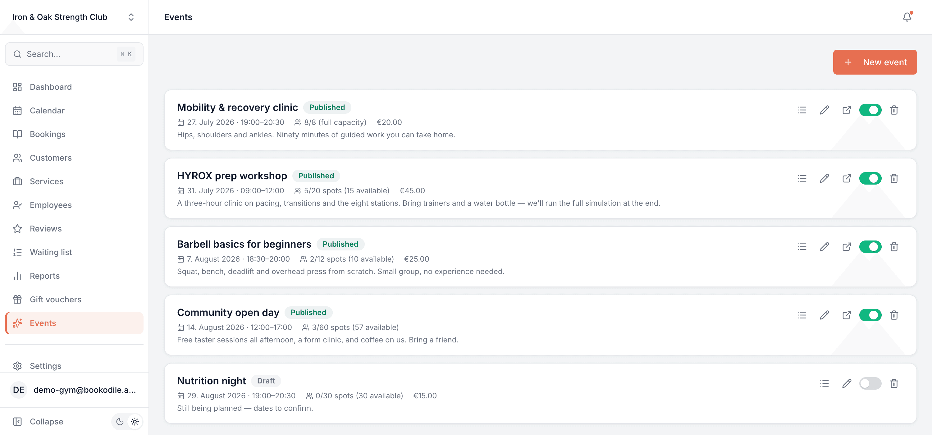Events screen listing five events with published and draft badges, registration counts and prices