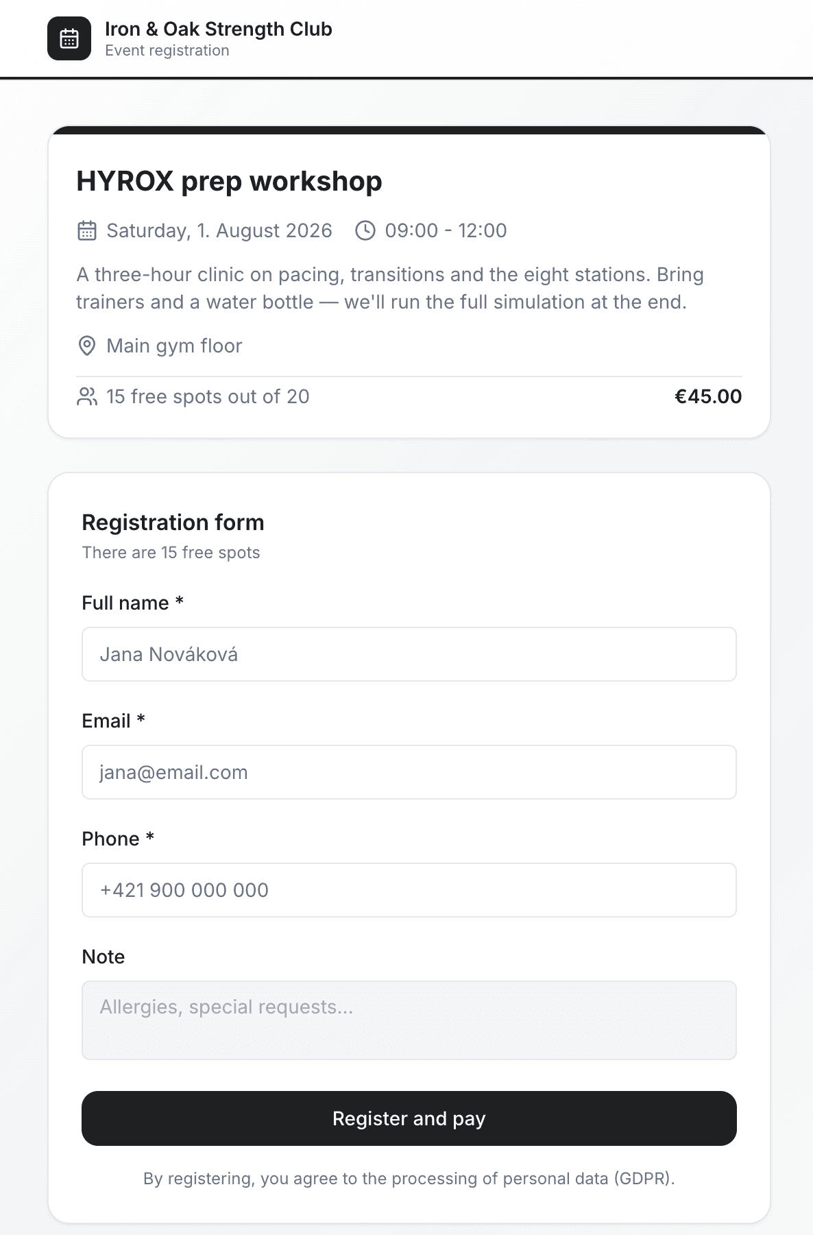 Public event page with details and a registration form showing remaining spots