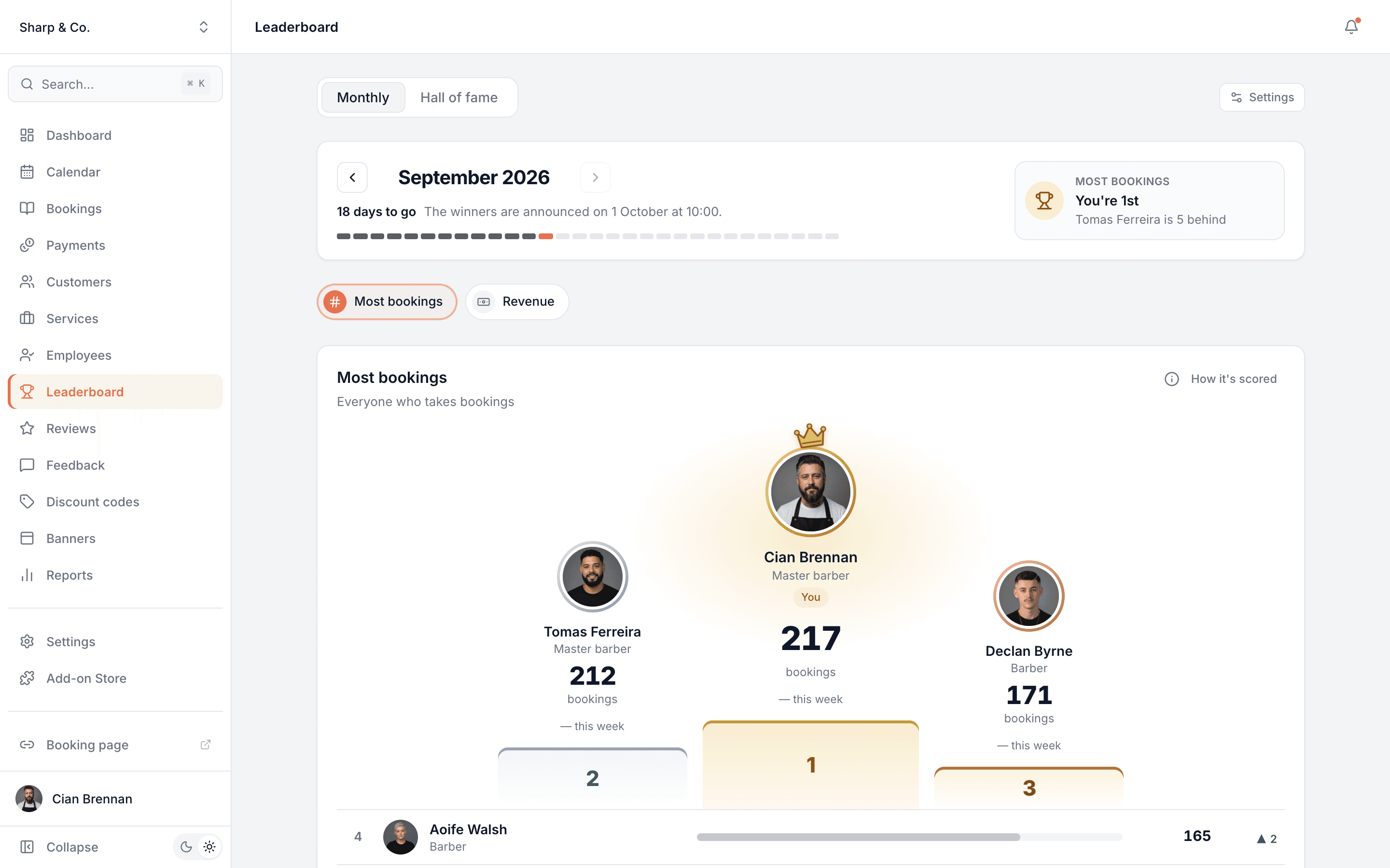 The leaderboard for September with 18 days to go, a podium of the top three team members by bookings, a card saying you're first and who is five behind, and fourth place below