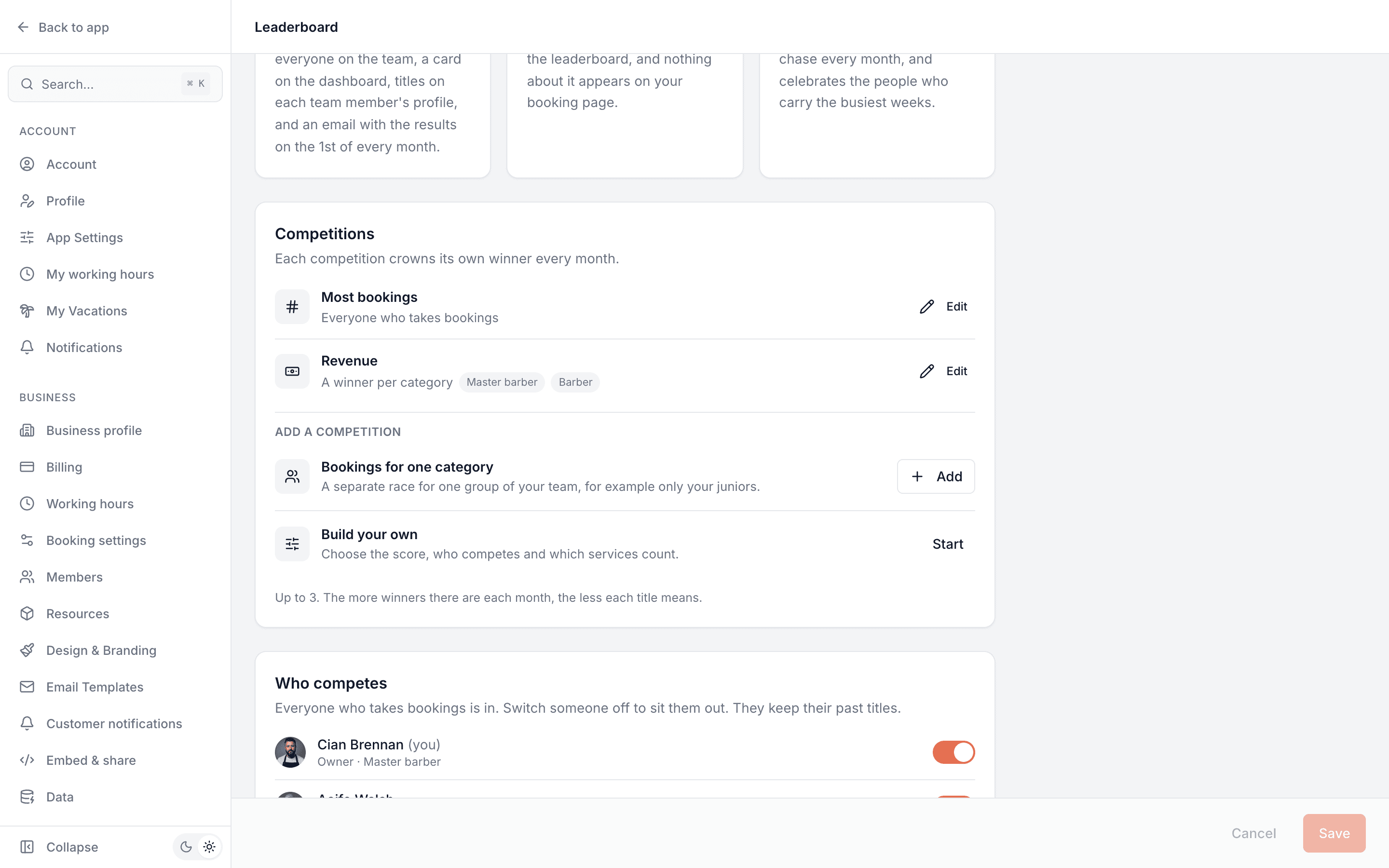 Leaderboard settings listing two competitions, Most bookings and Revenue with a winner per category, and ready-made competitions to add