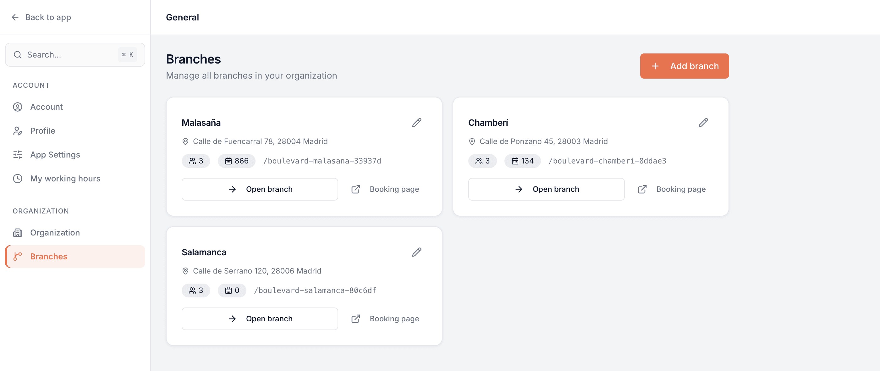 Branches manager listing each location with its address, team size, bookings and booking-page link
