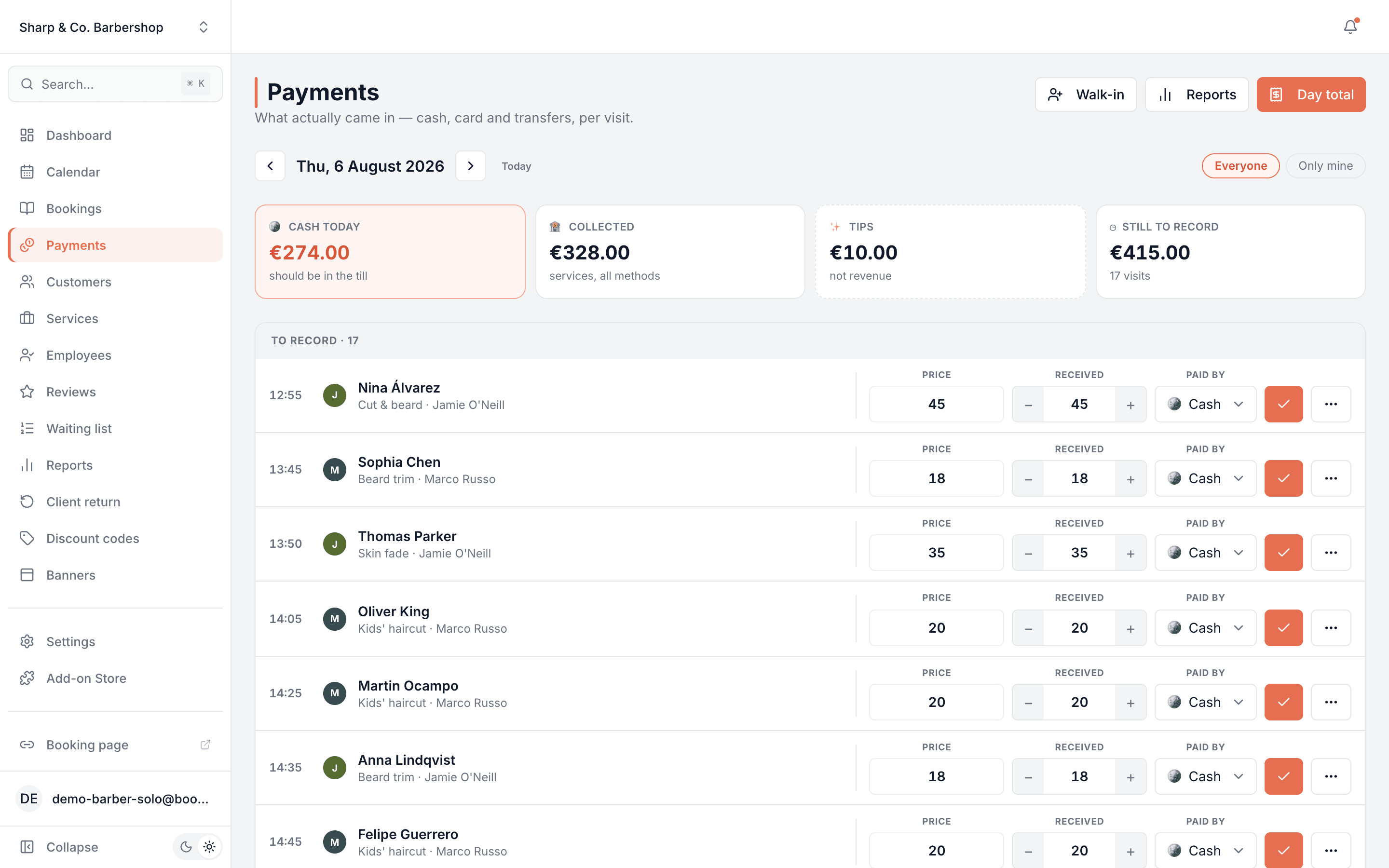 Payments screen showing the day's cash total, collected, tips and still-to-record figures above a list of visits with price, received and payment method on each row