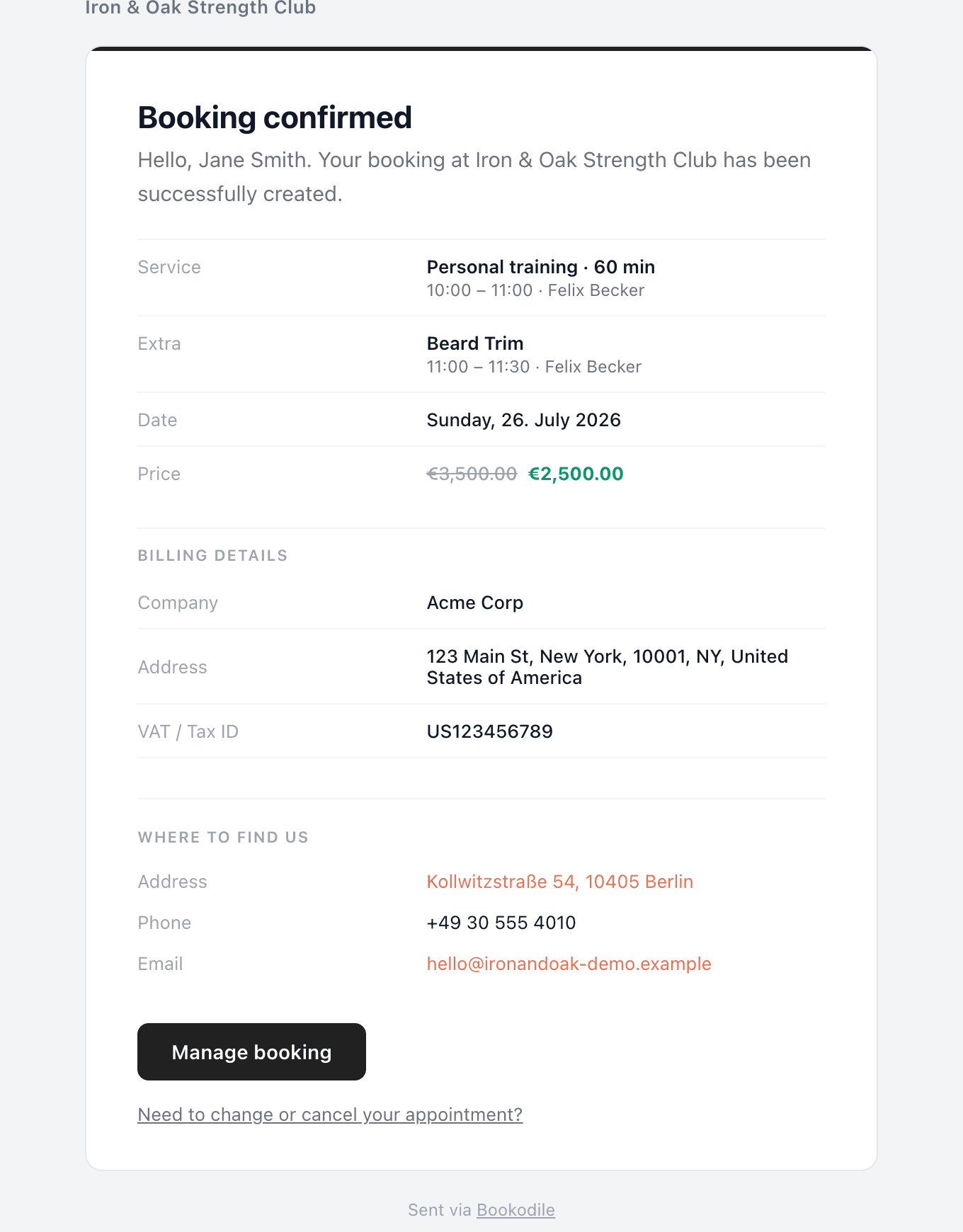 A branded booking confirmation email showing the service, time, staff, discounted price and a Manage booking button