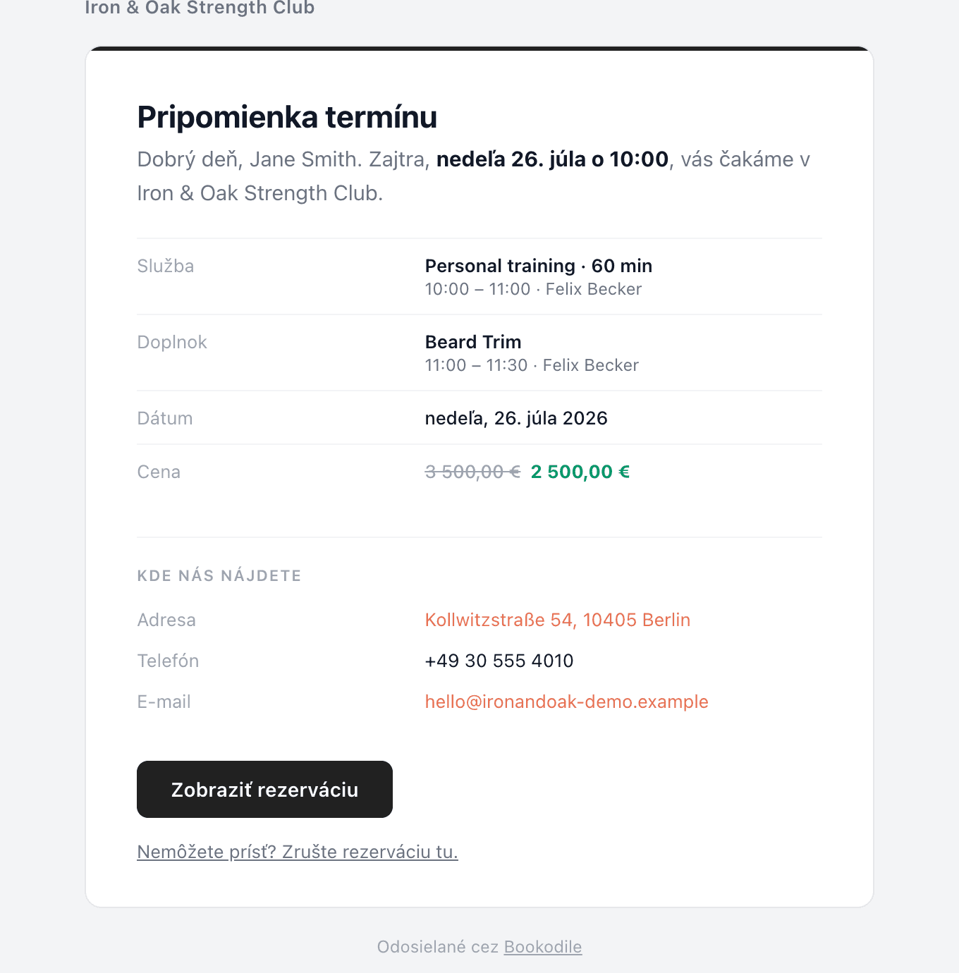 The same reminder email rendered in Slovak, with a localized date and a price formatted as 2 500,00 €