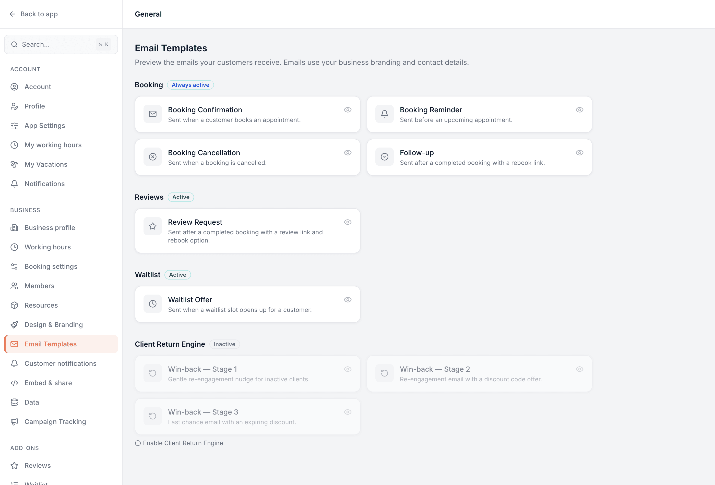Email Templates screen listing the booking confirmation, reminder, cancellation and follow-up emails, each with a live preview
