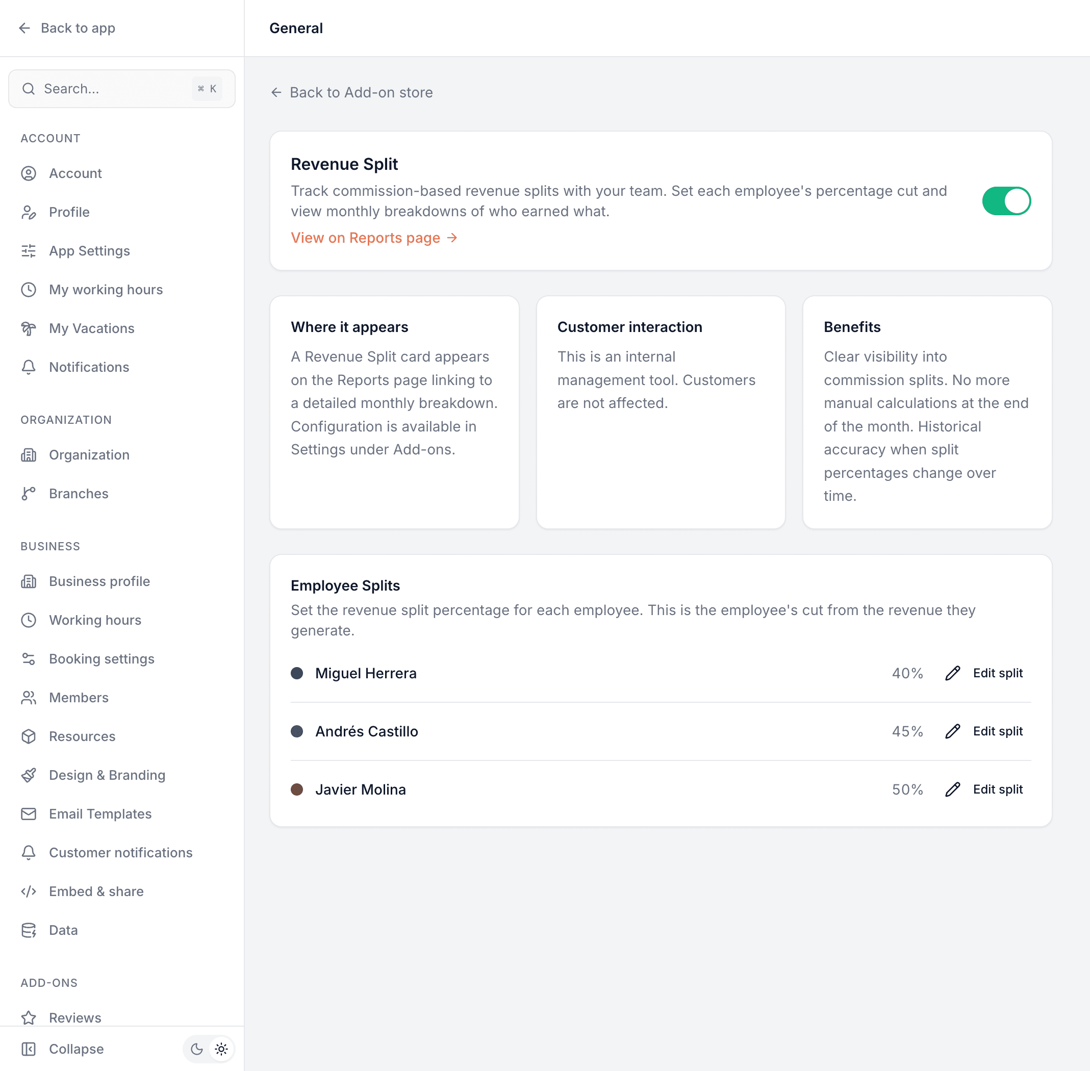 Revenue split settings showing each employee with their split percentage and an edit control