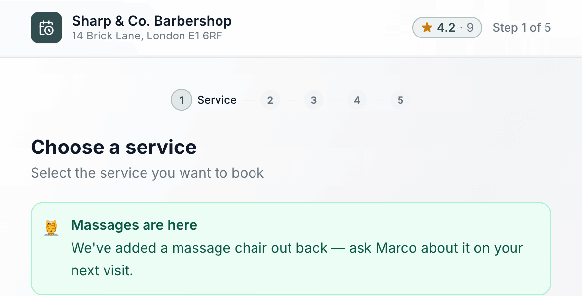 Booking page header showing a star rating badge next to the shop name