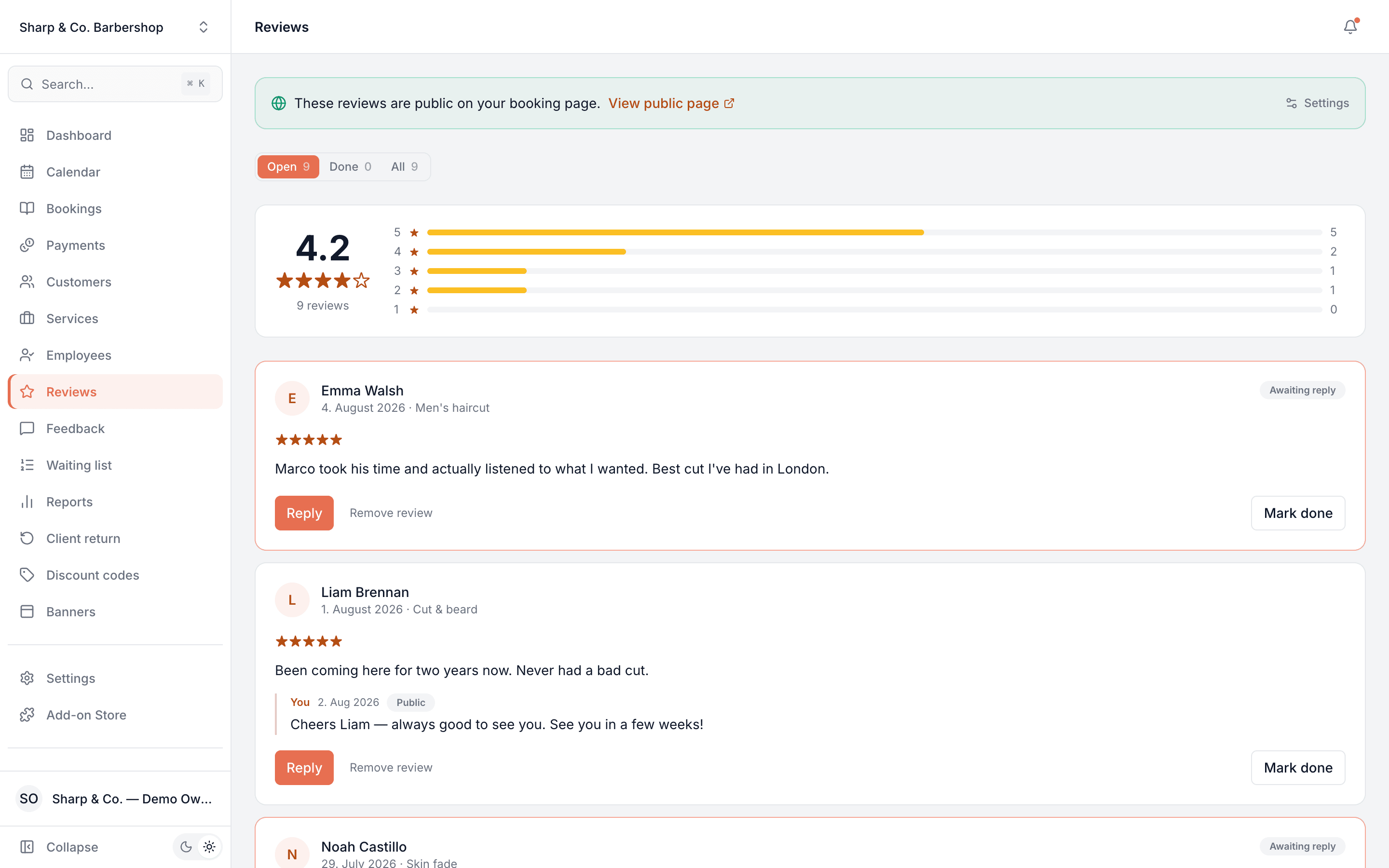 Reviews screen showing a 4.2 average, a star distribution chart, and individual reviews with the shop's public reply underneath