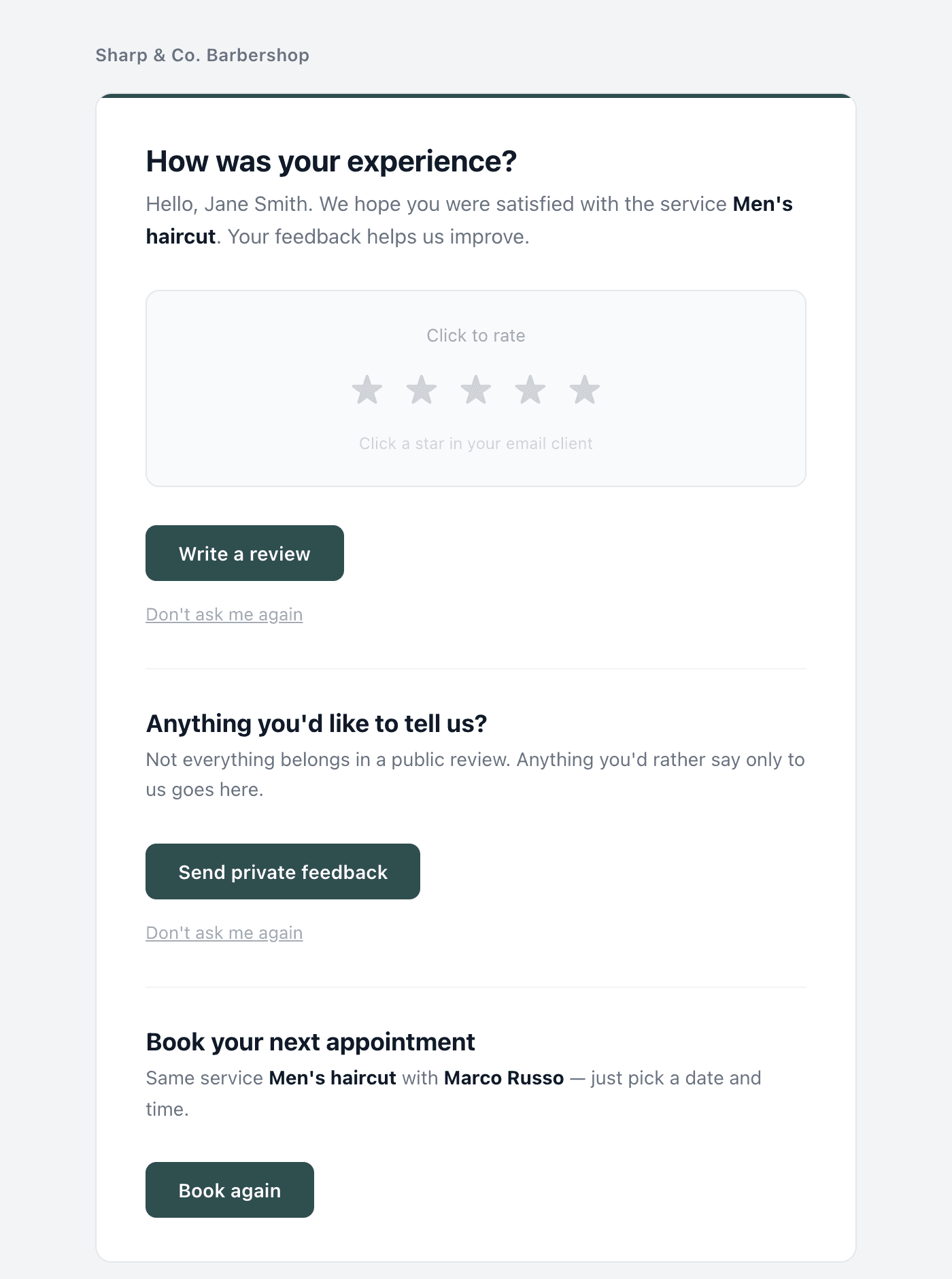 Post-visit email in the shop's brand colour with a row of tappable stars, a private feedback question underneath and a book-again block