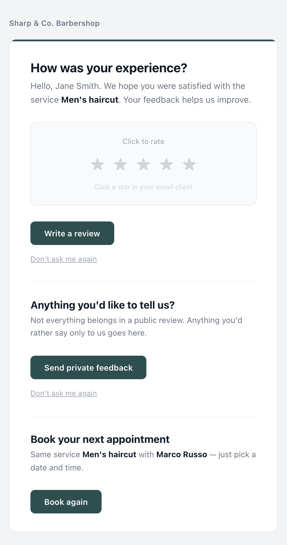The review request email on a phone, with the star row and buttons at full width
