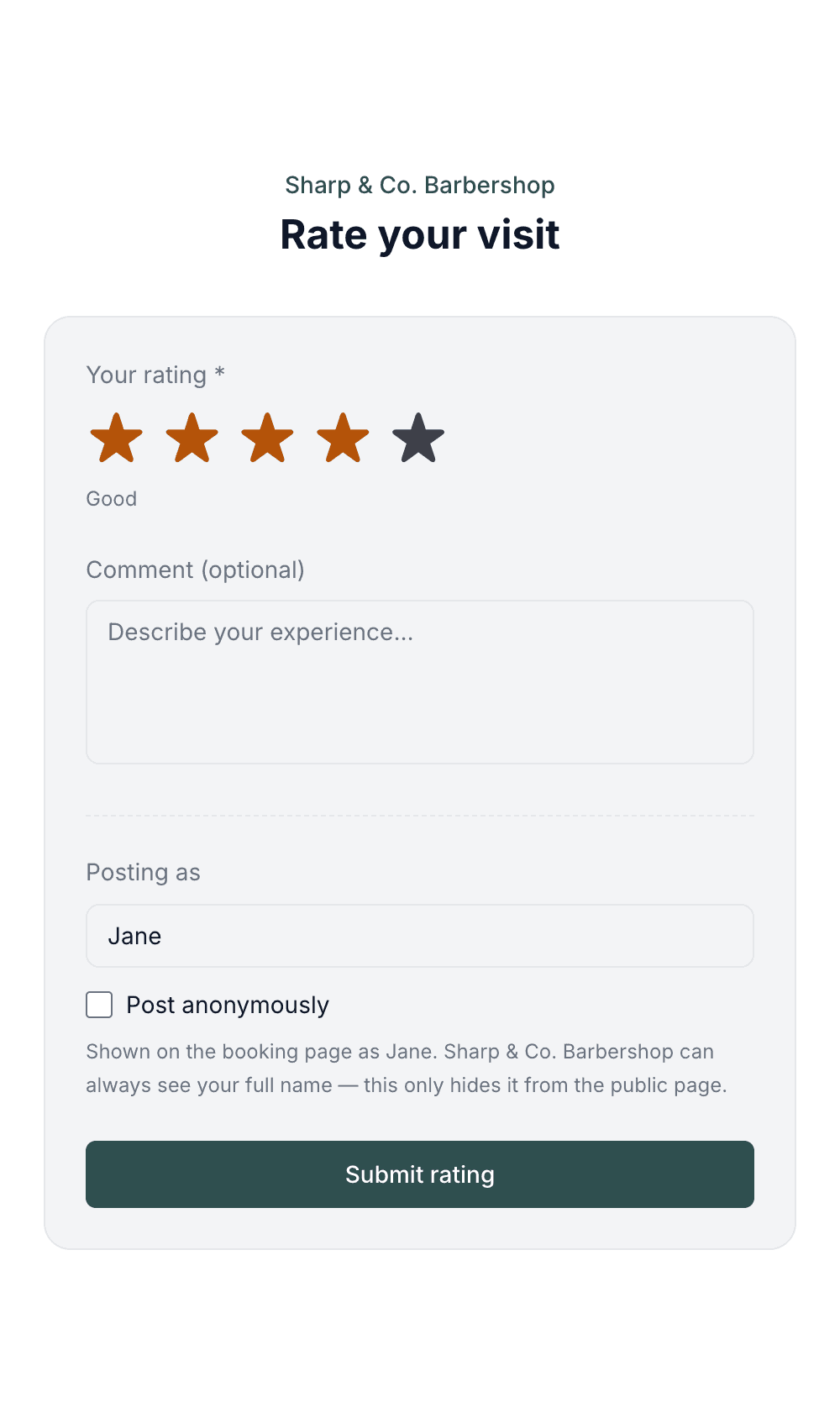 The rating page on a phone, with large tappable stars and a comment box