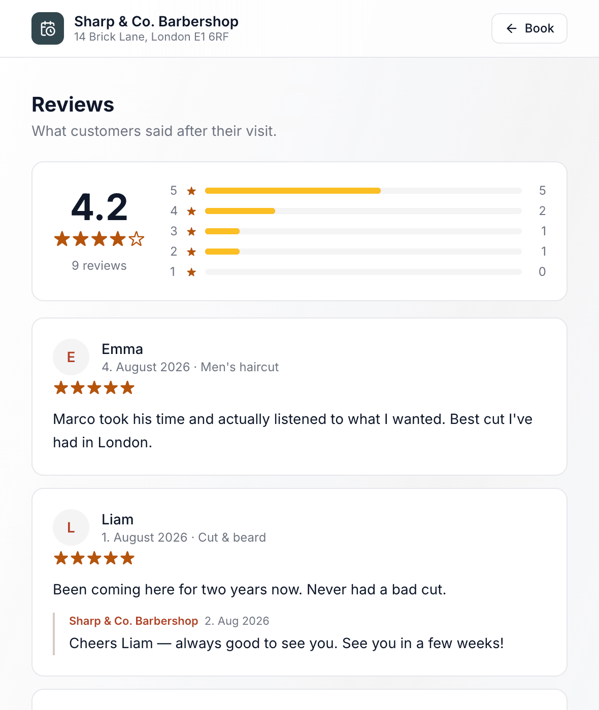 Public reviews page on a shop's booking site showing the average rating, the star breakdown and reviews signed with first names only