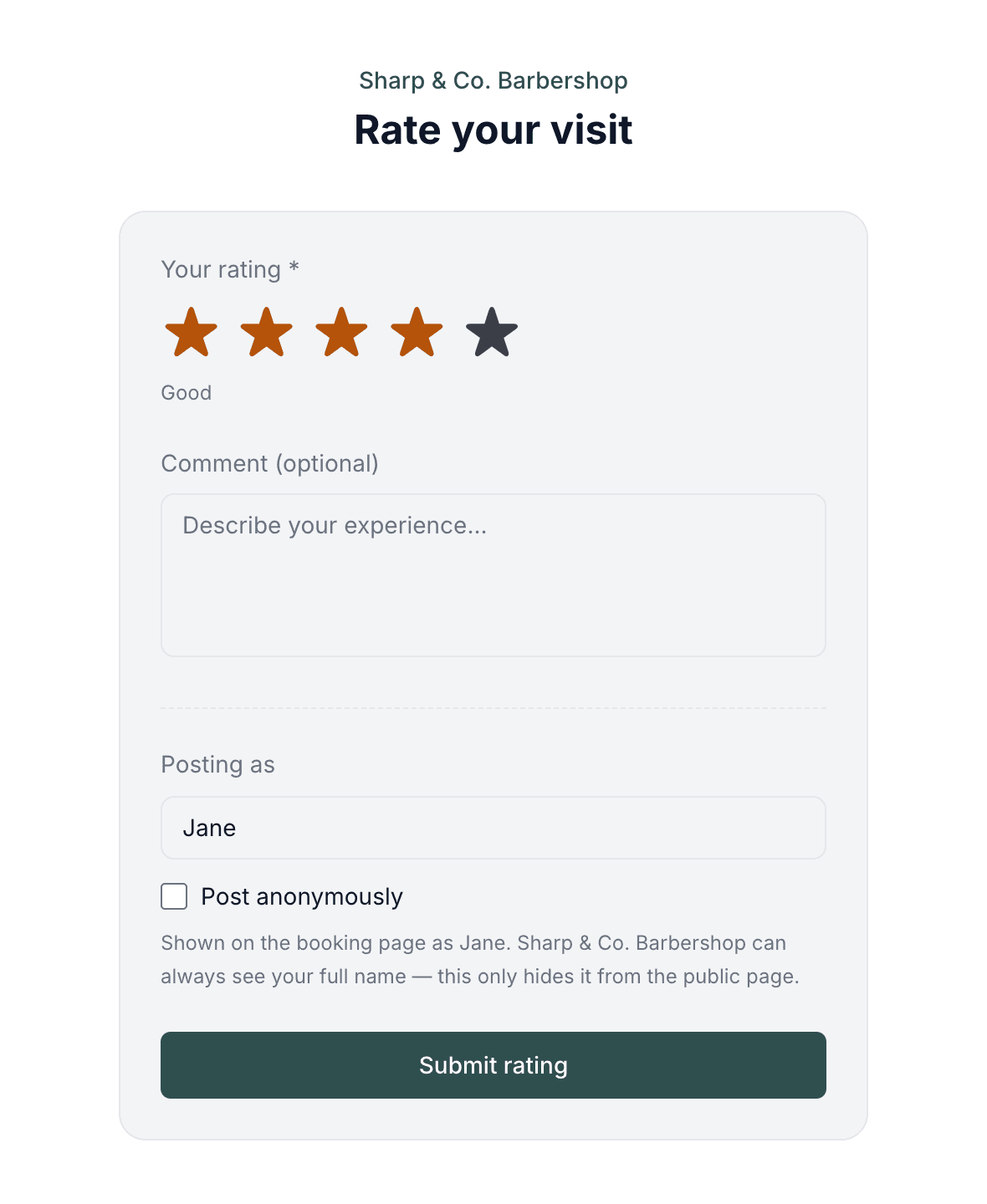 Customer-facing rating page with stars pre-selected, an optional comment box and a posting-as name field with an anonymous option