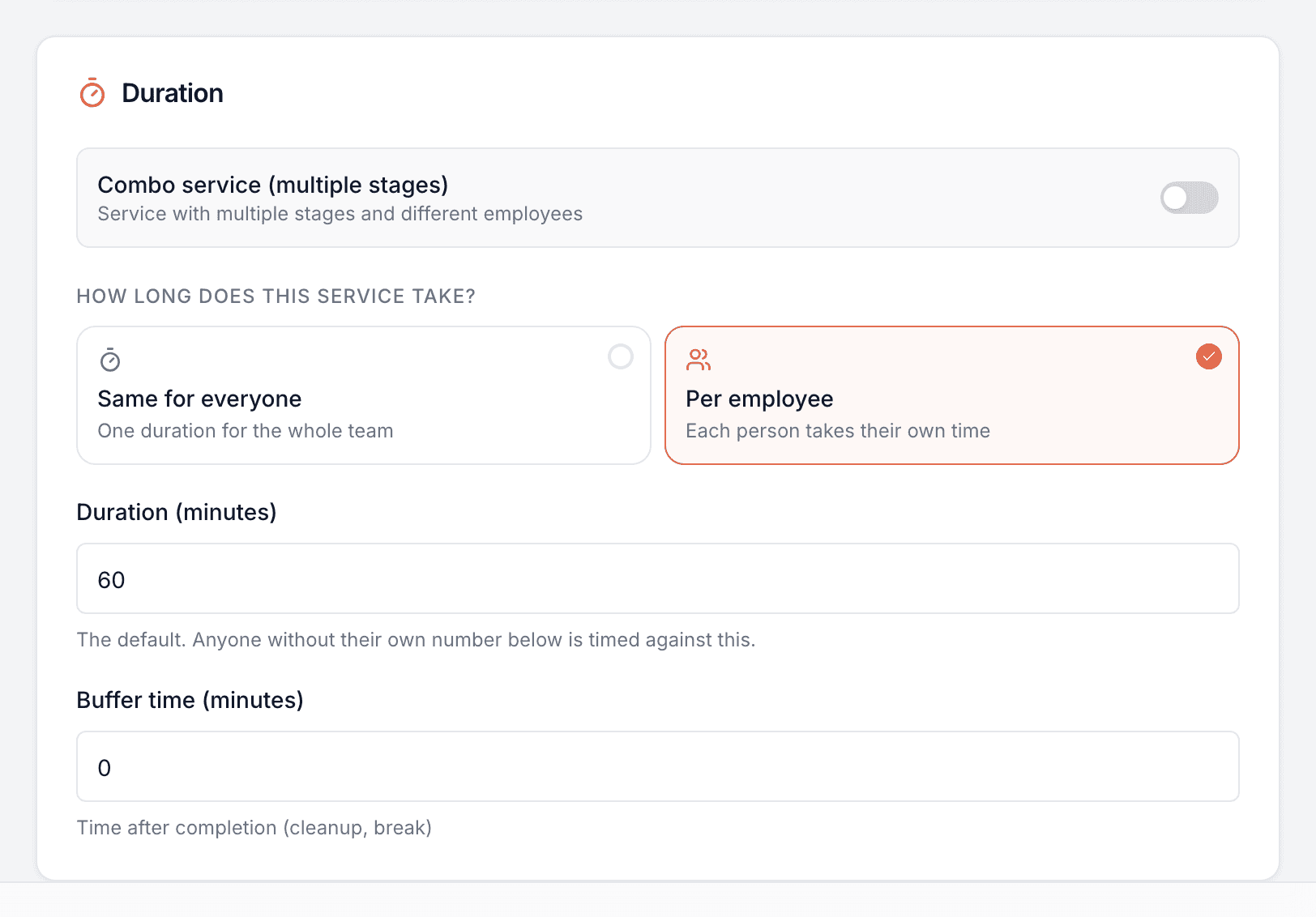 Duration settings with “Per employee” chosen — each person takes their own time — above the default duration and the buffer time