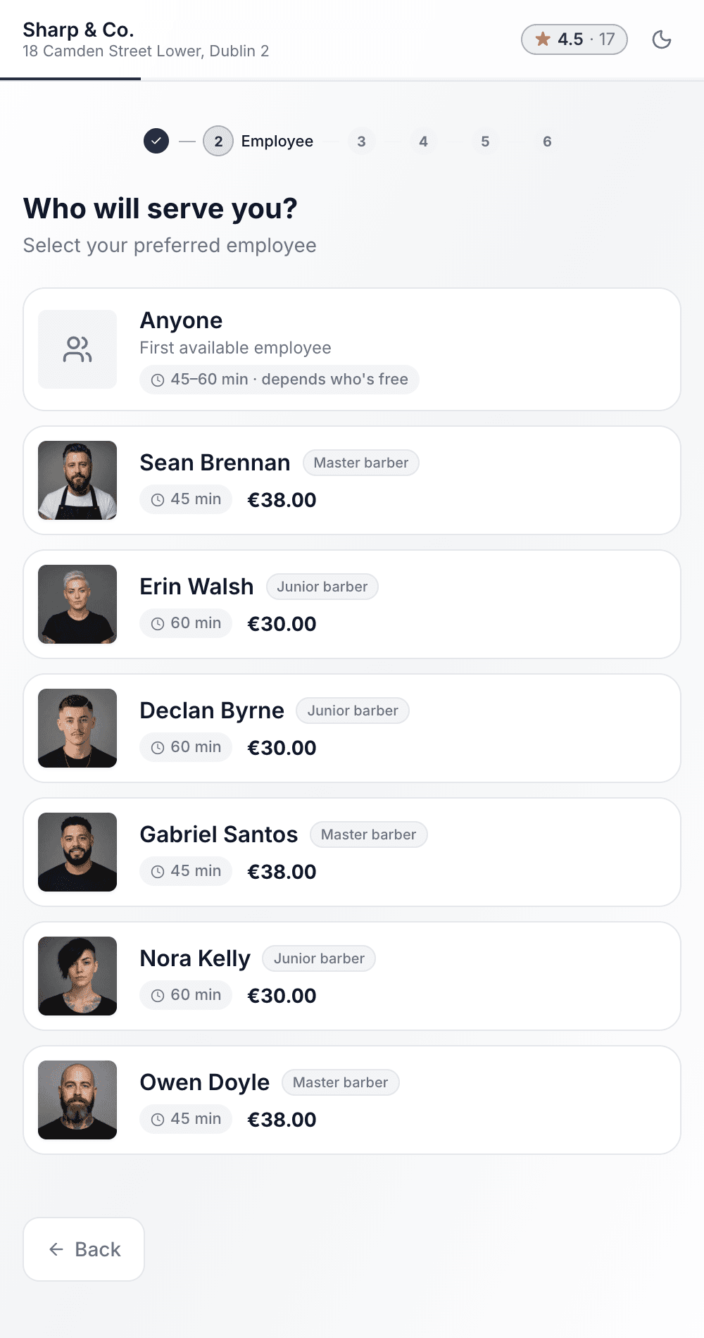 A barbershop's booking page on a phone: customers choose their barber, each marked Master barber or Junior barber, with their own time and price