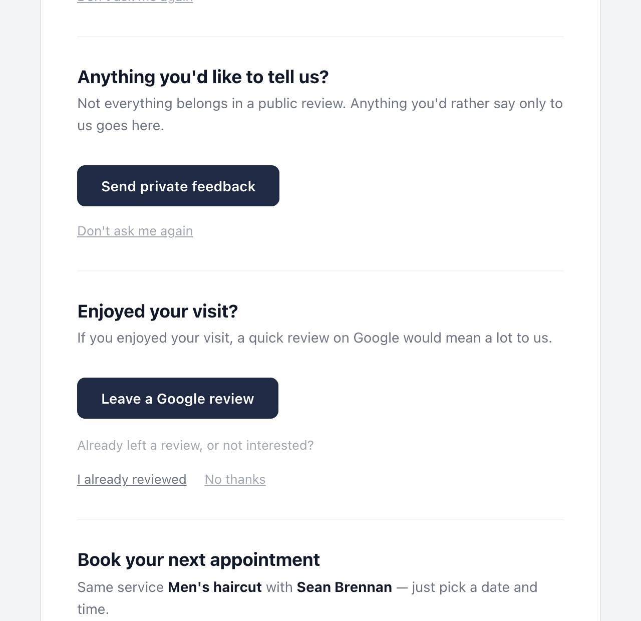 The email after a visit, at its Google part: the private feedback question, then Leave a Google review with I already reviewed and No thanks under it, then Book again