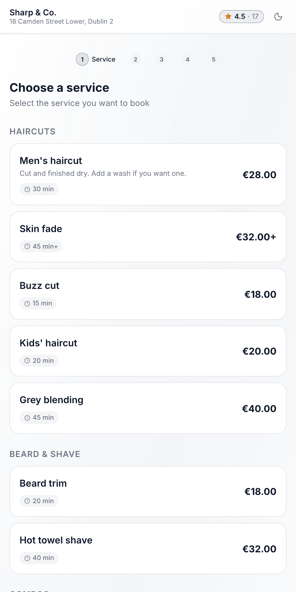 Sharp & Co.'s booking page on a phone: its services with their prices and durations