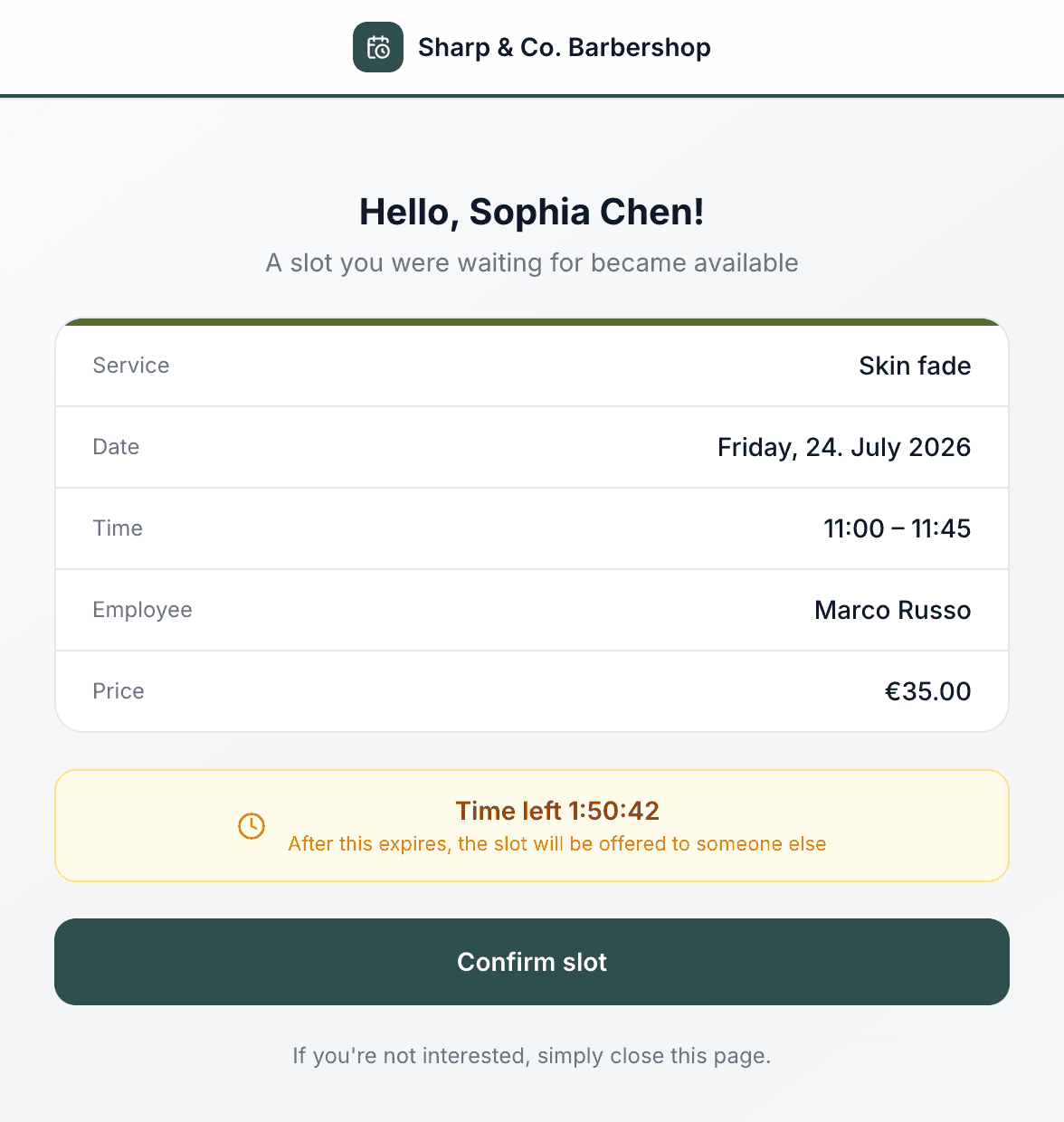 Customer-facing waitlist offer page showing the freed slot, employee, price and a countdown to confirm